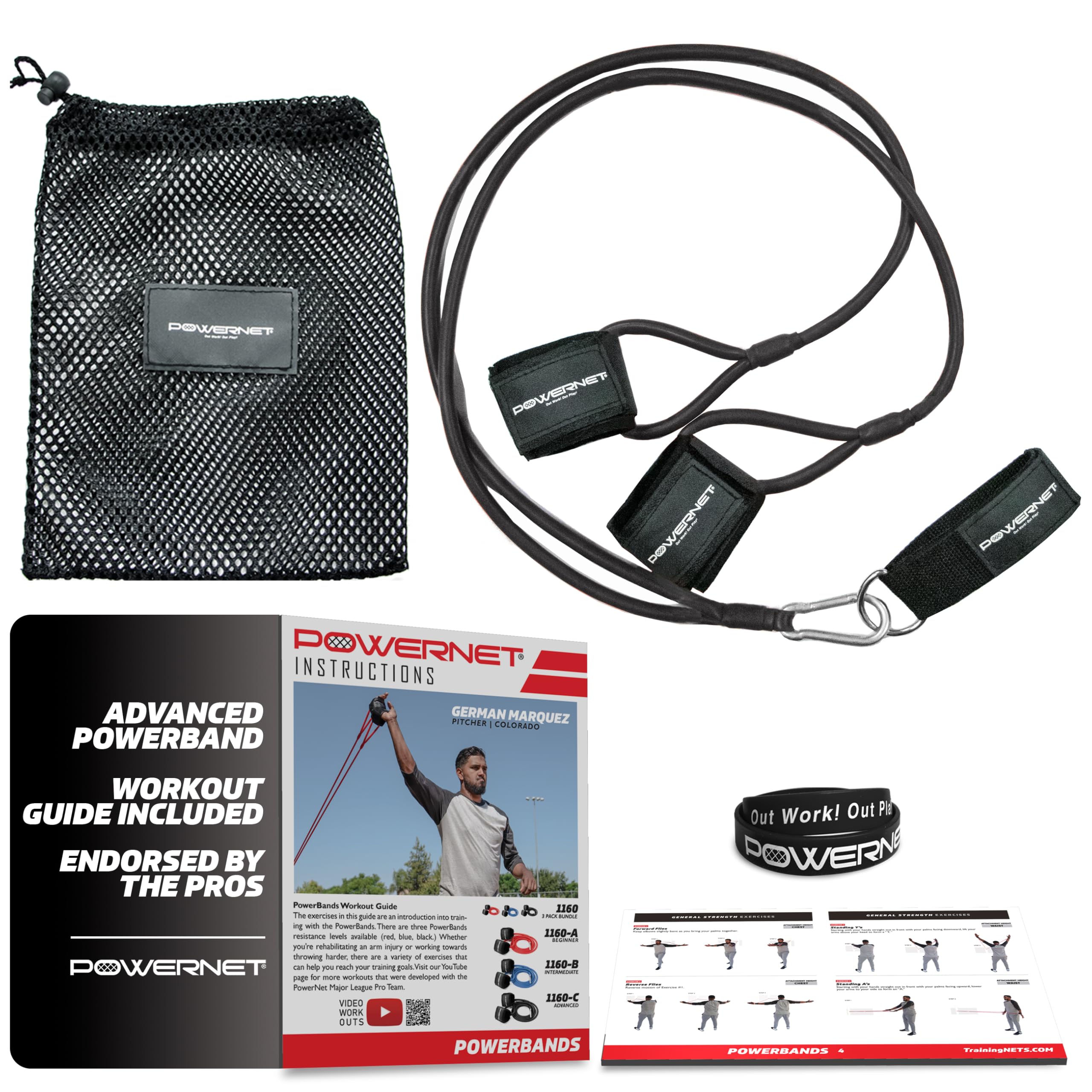 PowerNet Arm Resistance Bands, Baseball Softball Strength & Conditioning PowerBands, Portable Pitching Warm Up Exercise Bands, Rehab Throwing Injuries, Attach to Any Fence or Pole