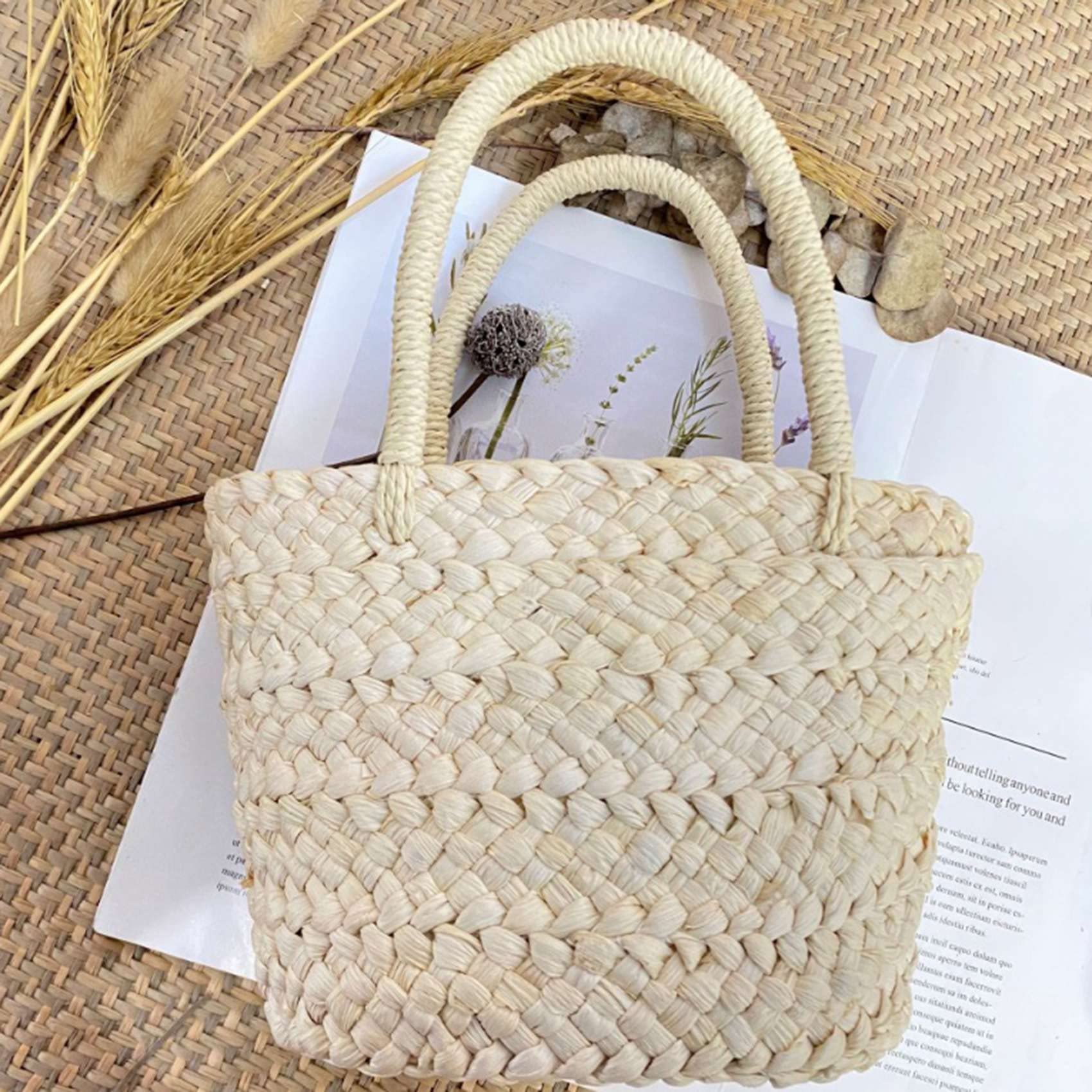 Borsa in Rattan di Paglia Intrecciata Fatta a Mano con Mais, Beige