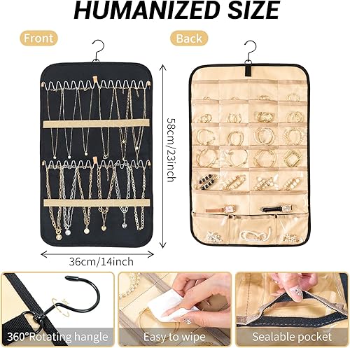 Miniatura 5 de PADUKU Organizador de joyas colgante rollo de almacenamiento con percha, soporte de joyería de doble cara, adecuado para anillos, aretes, collares,