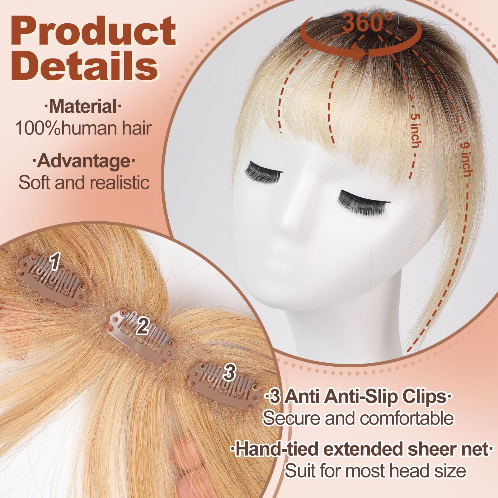 Flequillo con clip, extensiones de cabello humano 100% real, extensiones de cabello con clip, extensiones de cabello falso para mujer con sienes, 3 clips de seguridad en flecos completos 3