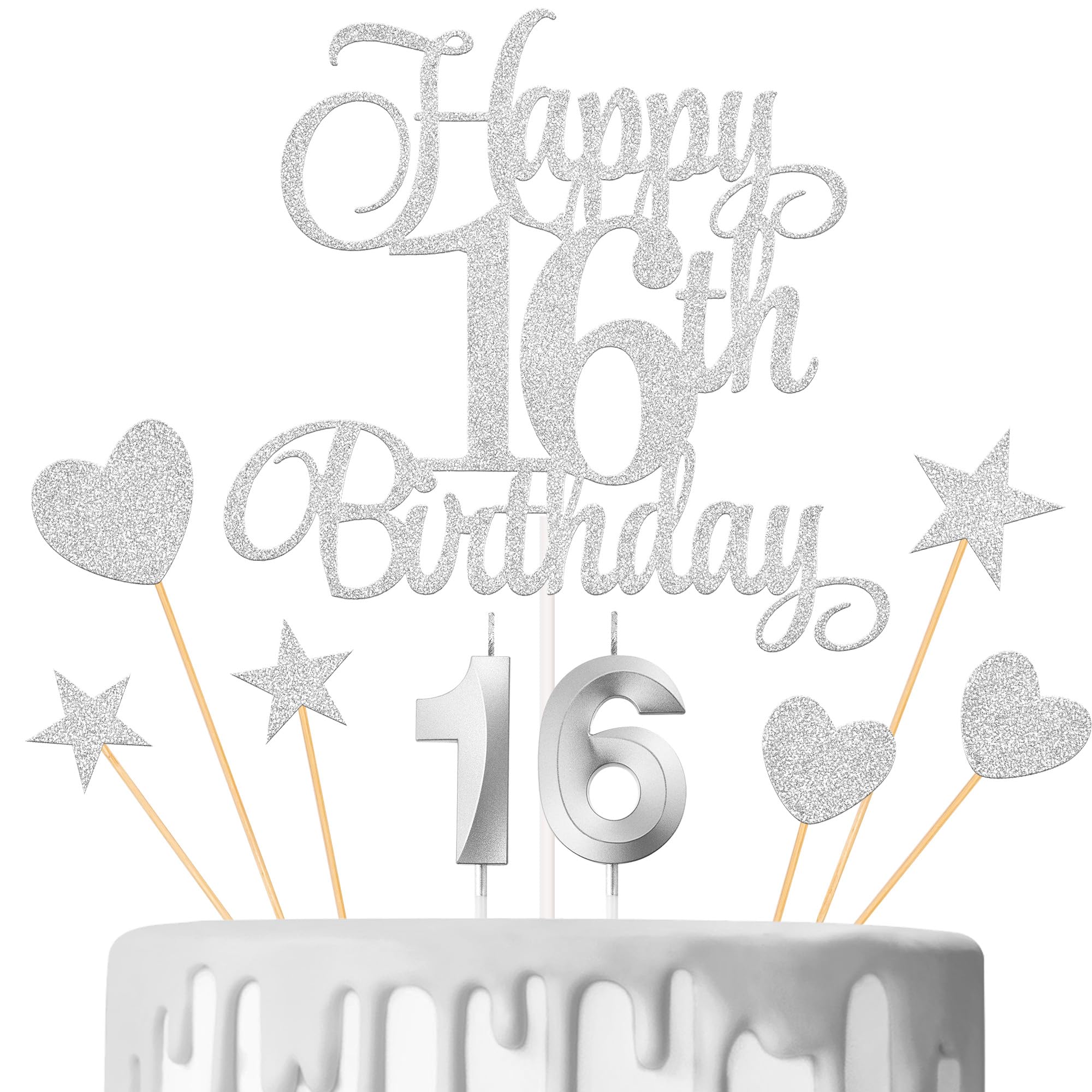 Lecferrarc 16th Birthday Cake Decorations, 16th Birthday Candles Cake Numeral Candles and Glitter Happy 16th Birthday Cake Toppers Set for Birthday