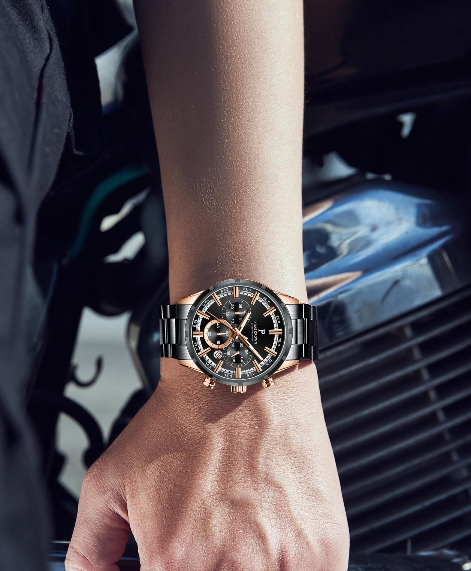 PC PARAS CROWN Orologio Uomo con Movimento al Quarzo Giapponese Cronografo Resistente all'Acqua 5 ATM Cassa in Acciaio Classico Elegante Orologio Cinturino in Silicone