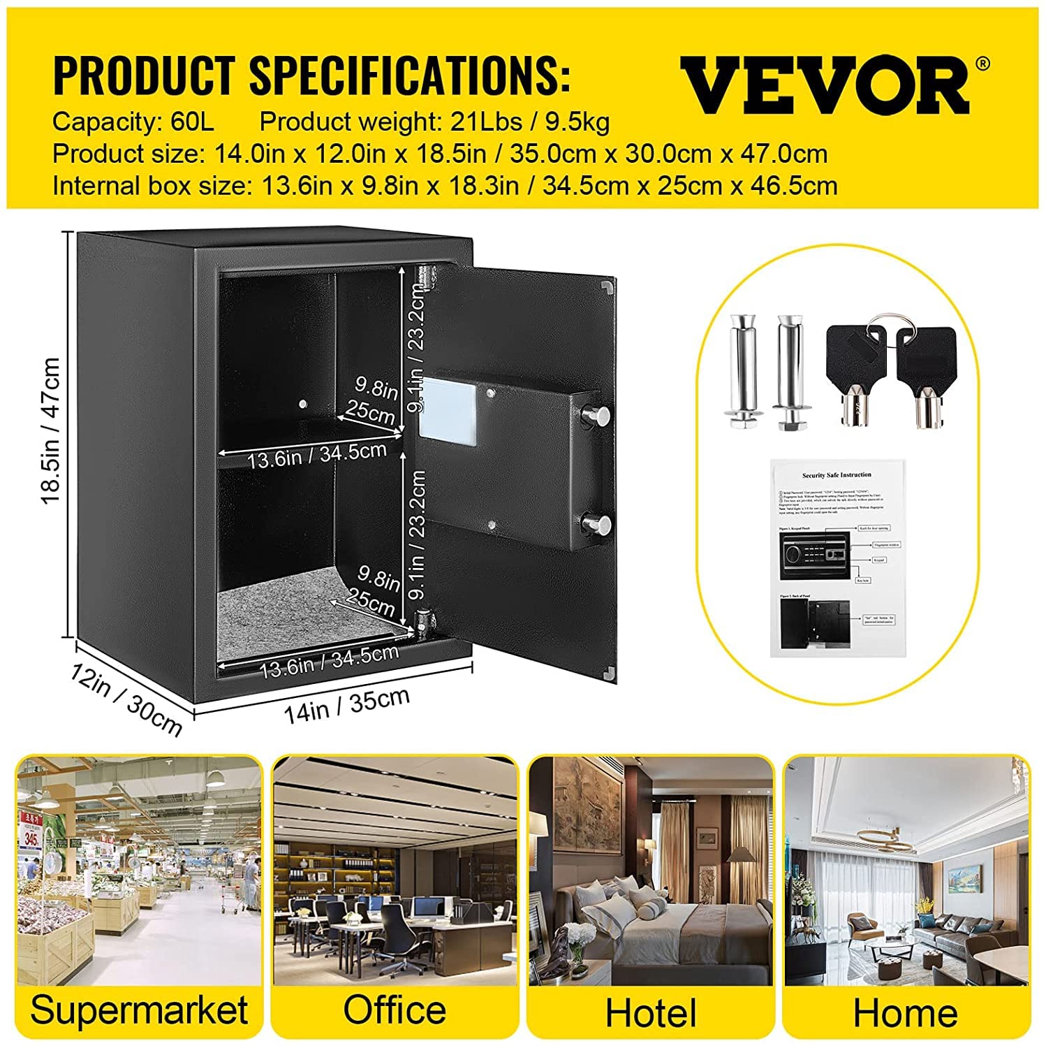VEVOR Caja Fuerte de Seguridad con Huella Dactilar 60L Caja Fuerte Antirrobo del Hogar 34,5 x 20 x 46,5 cm Huella Digital Contraseña Llave WiFi Abierto del Hotel de Oficina en Casa Caja de Seguridad