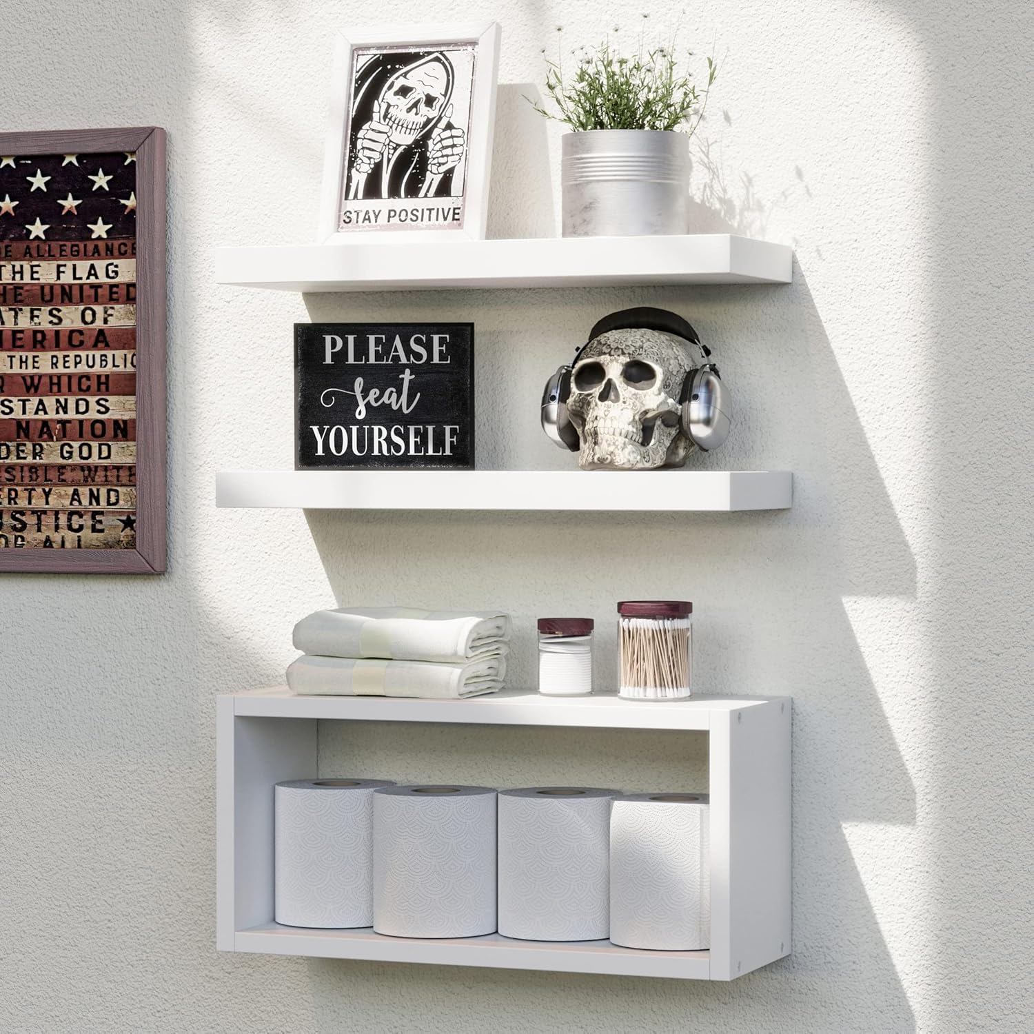 RICHER HOUSE White Floating Shelves Set of 3, Modern Bathroom Shelves Wall Mounted Shelves for Wall Decor, Over Toilet White Wall Shelves for Bathroom Bedroom, Living Room, Kitchen