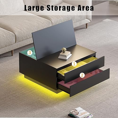 Miniatura 4 de Mesas de centro cuadradas con almacenamientos, moderna mesa de centro negra para sala de estar, mesas de centro de tapa abatible y 2 cajones