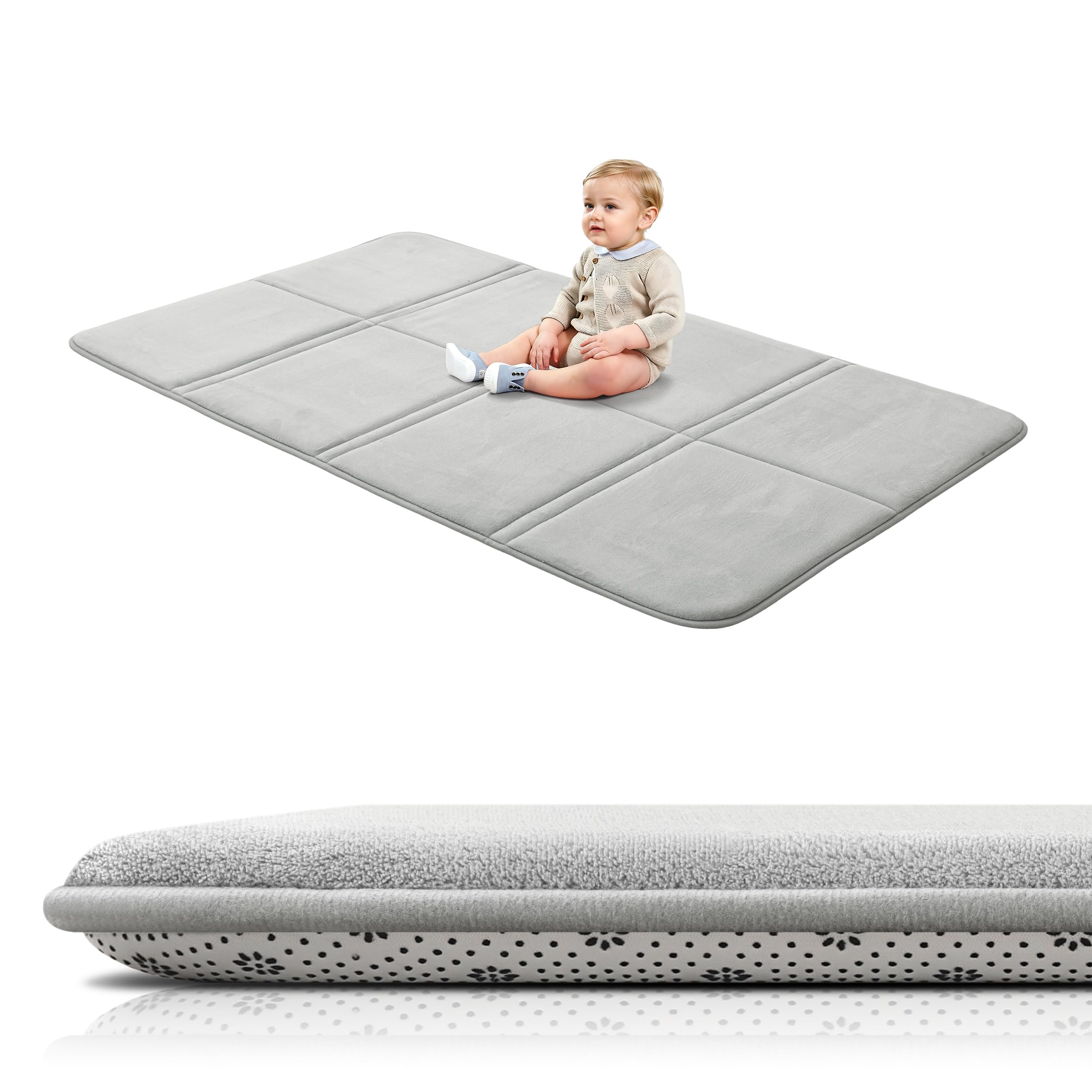 BYBYME 3cm Dicke Faltbare Krabbelmatte Baby, 80x150cm Spielmatte mit Rutschfester Unterseite, Weiche Bodenmatte aus Memory-Schaum für Babys, Kinder & Kleinkinder, Ideal für Wohnzimmer & Yoga, Grau
