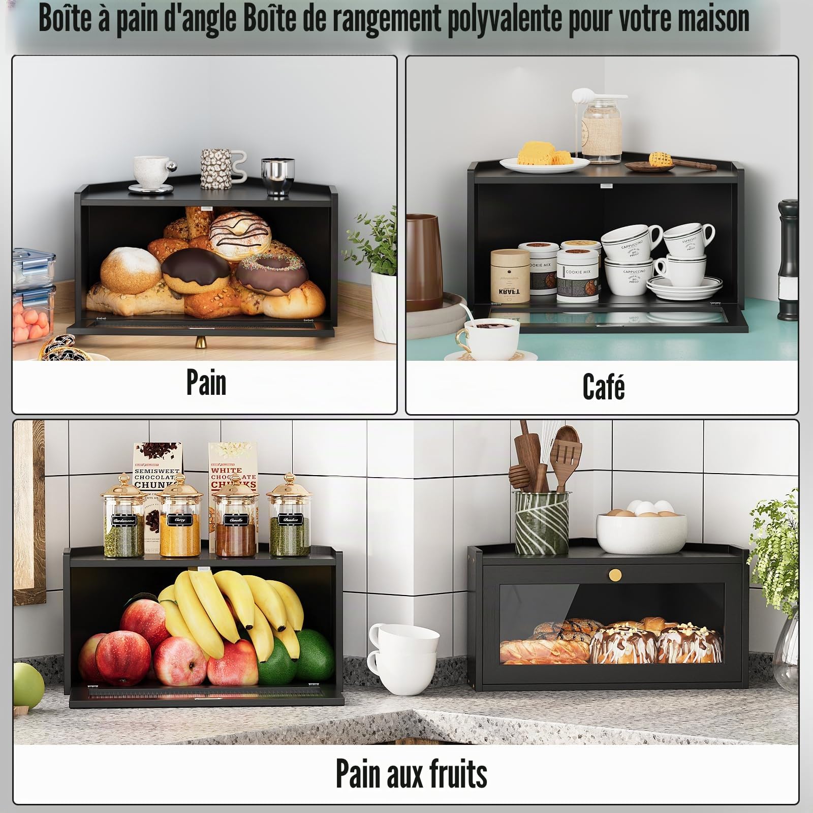 VEDECASA Boîte à pain d'angle en bambou pour la cuisine Grand bac à pain avec porte en acrylique Économisez de l'espace dans la cuisine avec ce bac à pain de style vintage pour le pain fait maison