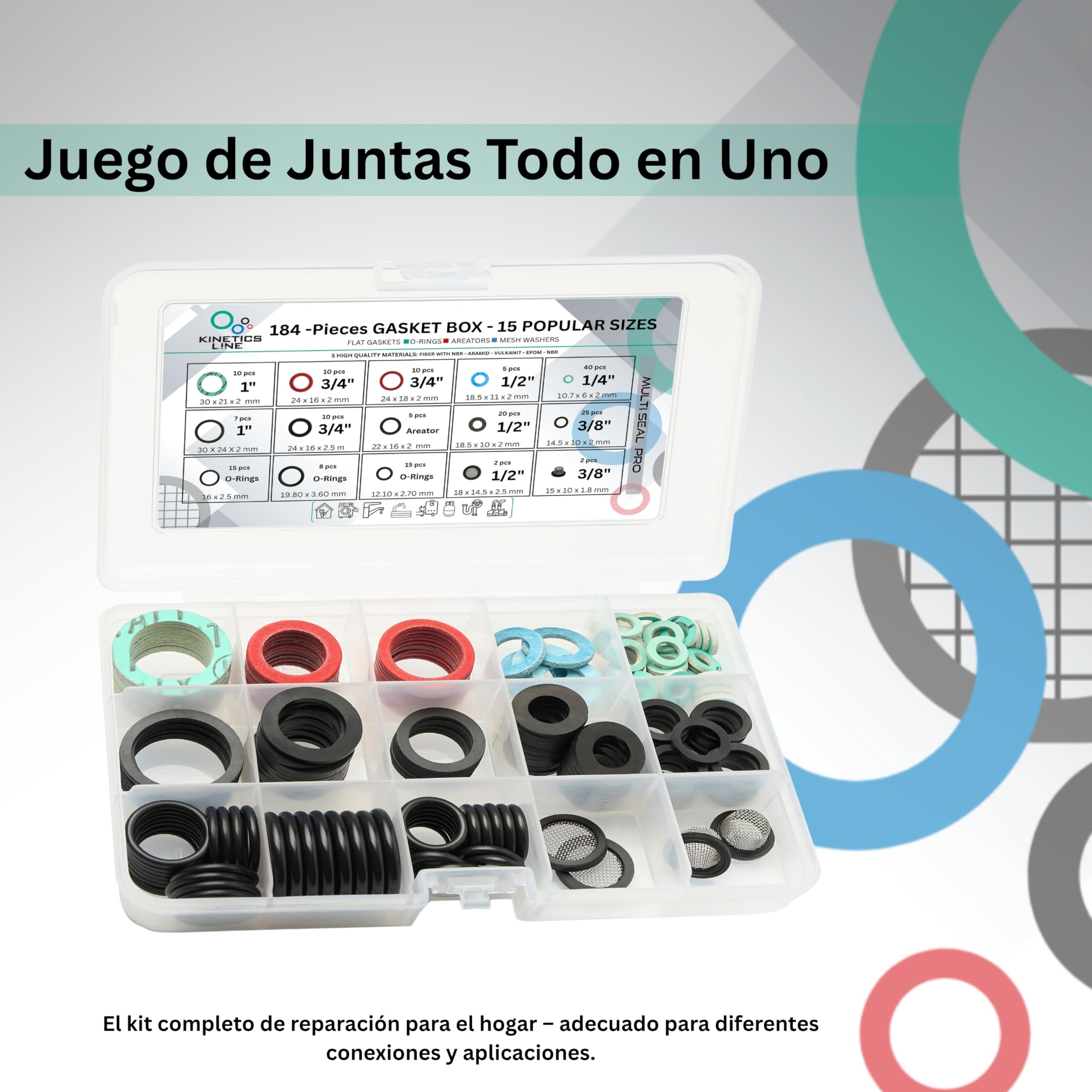 MultiSeal Box – Surtido de Juntas de 184 Piezas con 15 Tamaños Comunes para Hogar, Cocina y Baño