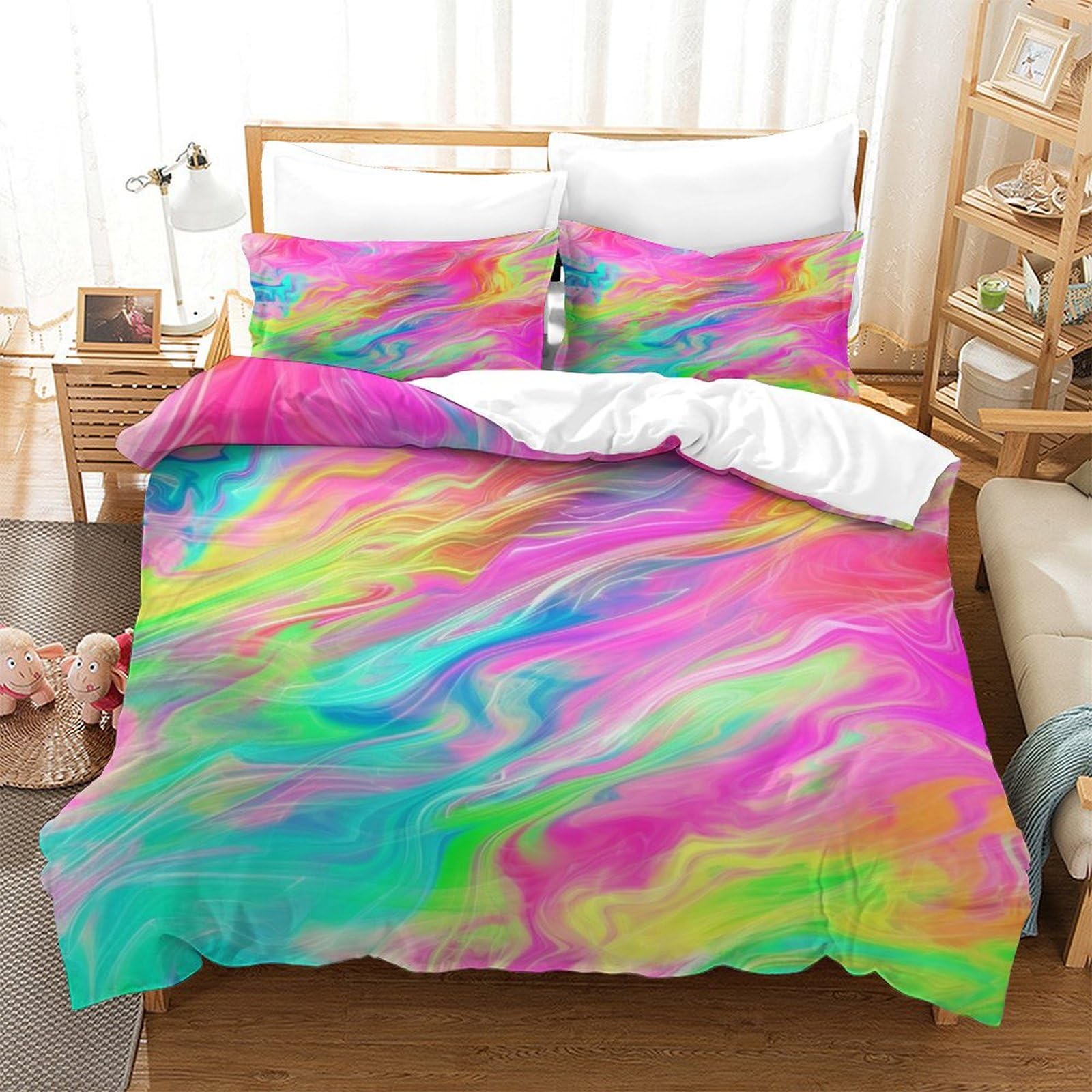 P1S9U7W5Y Multicolour Watercolor 3D Printed Duvet Cover Set 3pcs Microfiber Abstract Bedding Set King（220x240cm）