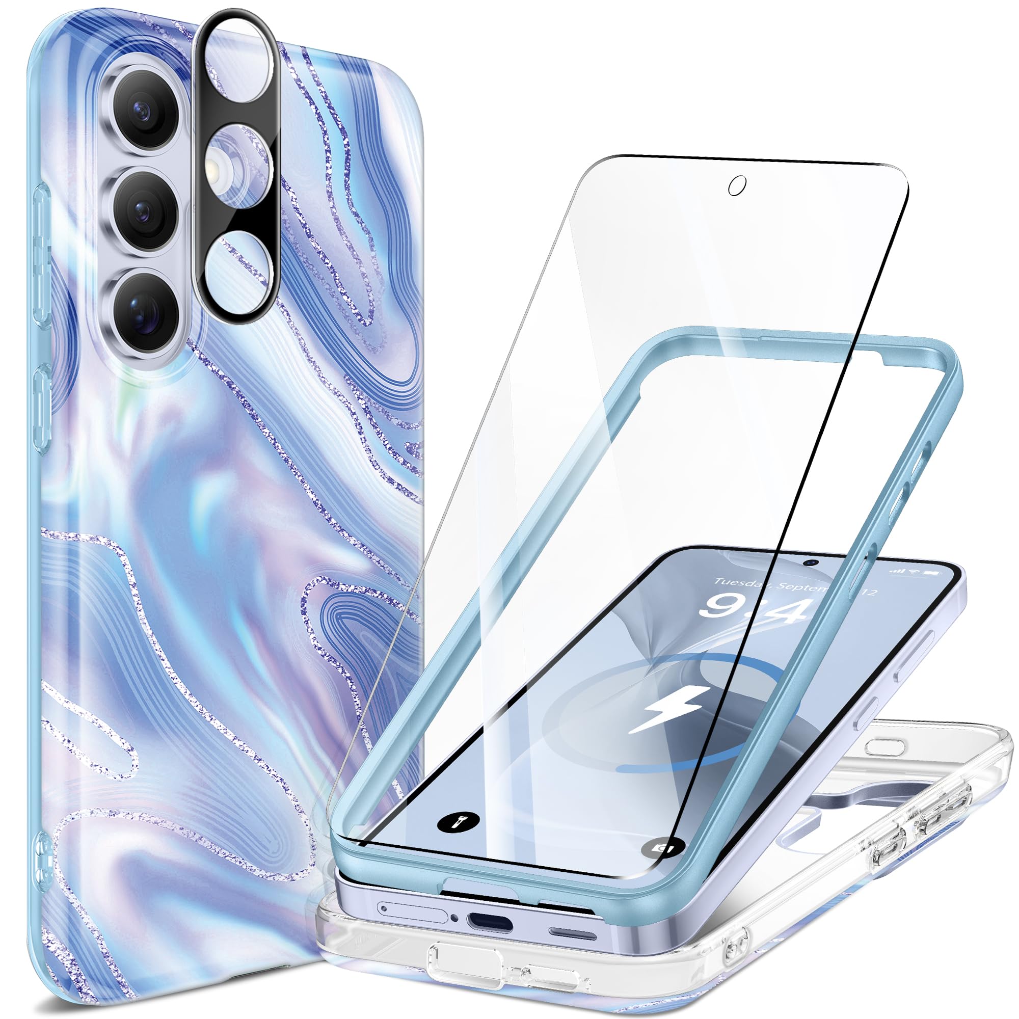 GVIEWIN Magnetic for Samsung Galaxy S25 Plus Case [Compatible with MagSafe] [AI-Tested Dropproof] Marble with Camera Lens+Screen Protector Shockproof Phone Cover for S25+ Plus (Aurora/Azure Blue)