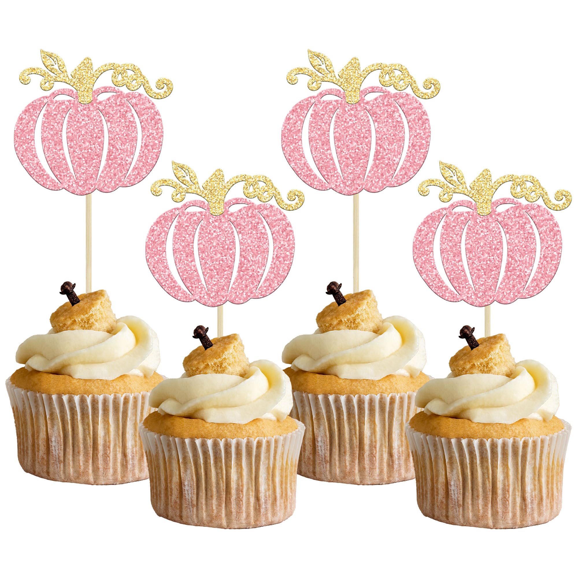 Gyufise 24Pcs Pumpkin Cupcake Toppers Pink Glitter Fall Theme Cupcake Picks Pumpkin Baby Themed Baby Shower Birthday Thanksgiving Halloween Party Cake Decorations Supplies