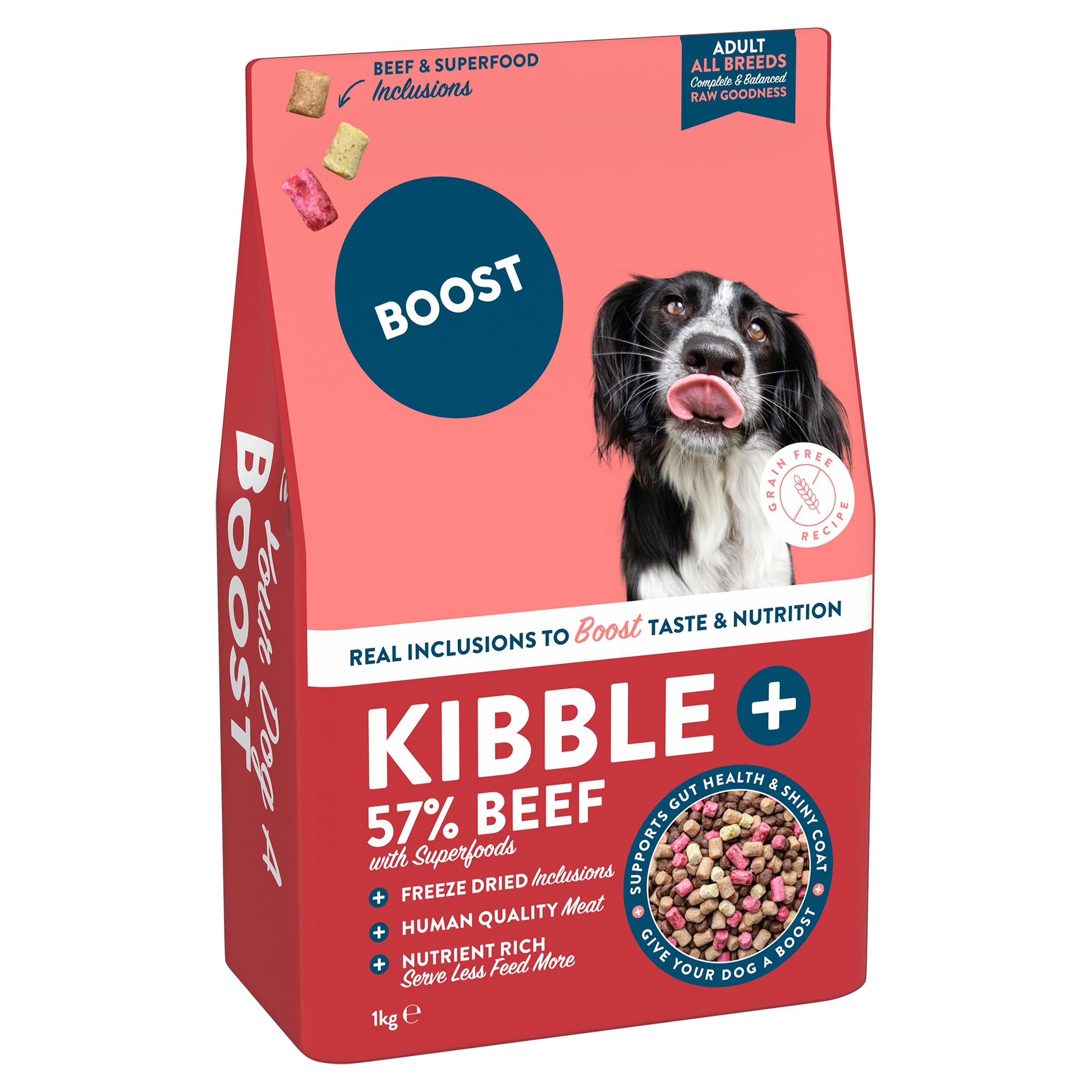 BOOST Pet Food Dog Kibble Plus Beef - Premium High Meat Content Kibble Mixed with Freeze Dried Inclusions of Beef and Superfoods for Adult Dogs, Grain Free, Complete Meal, Nothing Artificial - 1 x 1kg