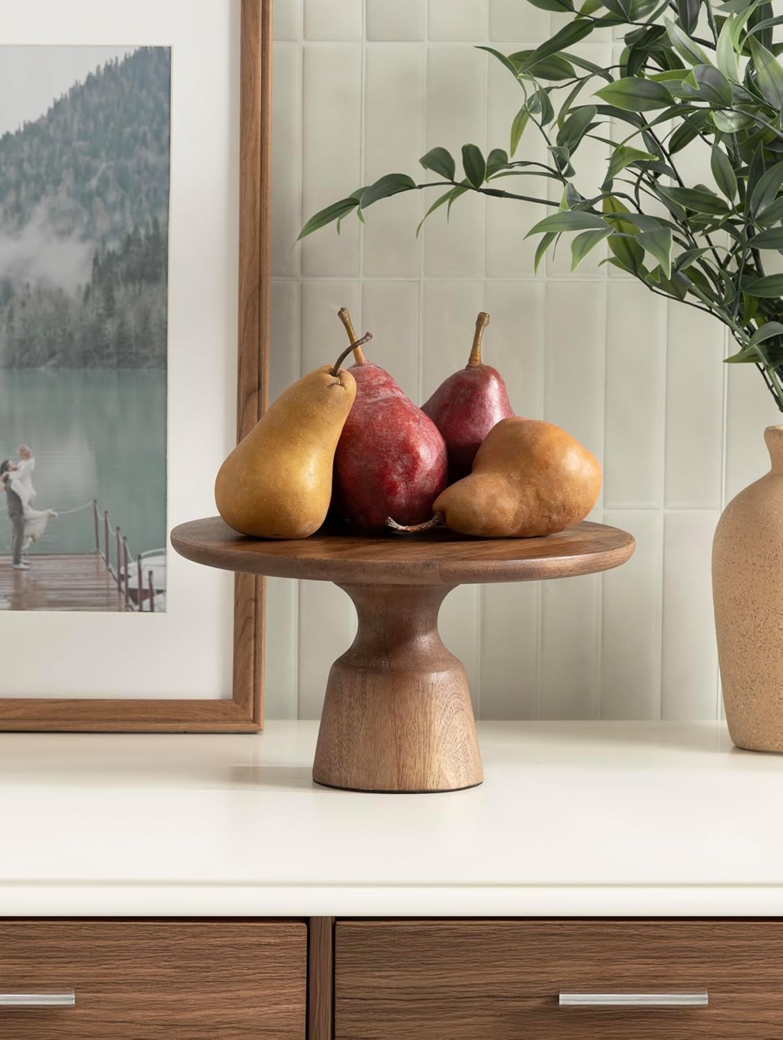 Kate and Laurel Anjana Modern Round Mango Wood Cake Stand, 11 Inch Diameter, Walnut Brown, Transitional Wooden Pedestal Tray for Use as Kitchen Counter Display or Entryway Catchall Tray Decor