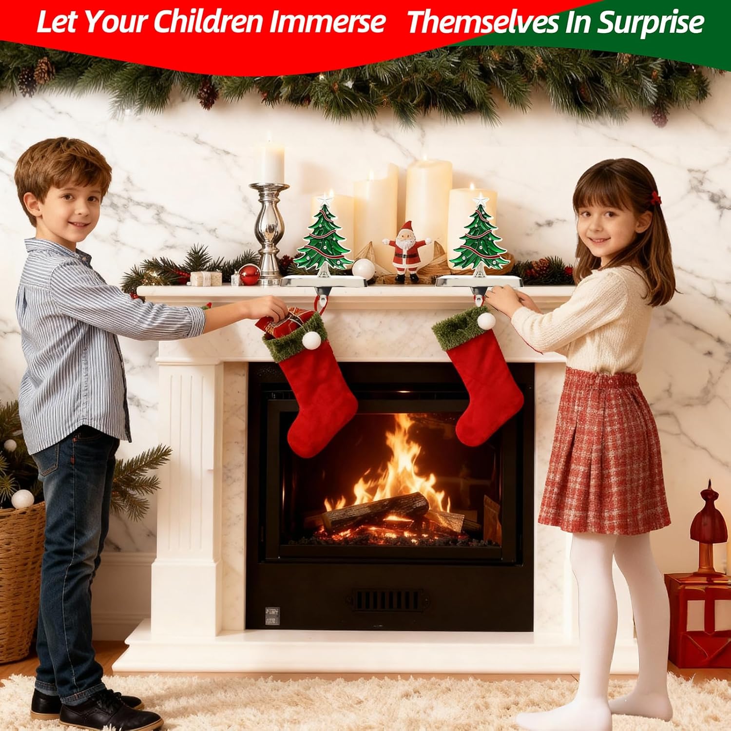 Christmas Stocking Holders Stocking Hanger of 2 Suitable for Festive Party Decorations (Green - 2 Christmas Trees)