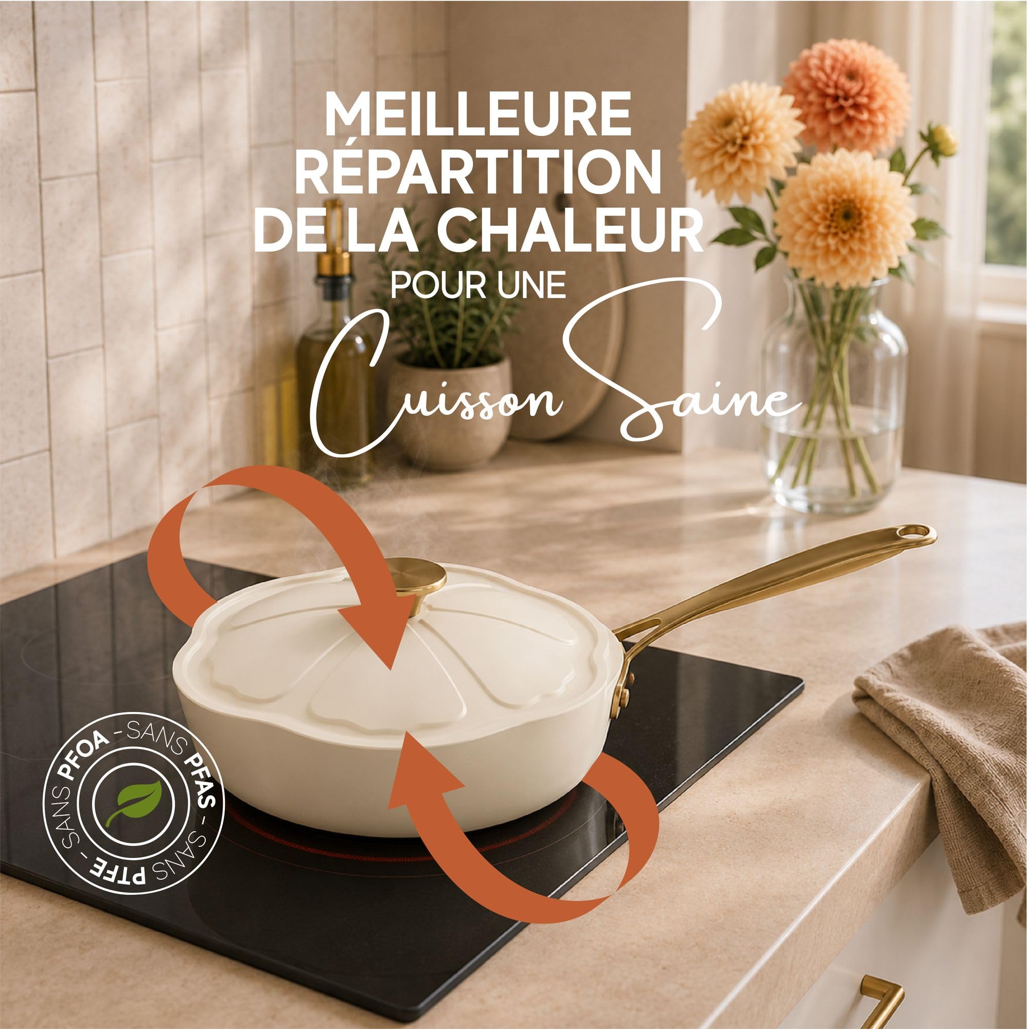 MENASTYL - Batterie de cuisine 8 pièces Dahlia sans PFAS - Revêtement céramique antiadhésif - 98% d'aluminium recyclé - Tous feux dont induction et lave-vaisselle - 6014235