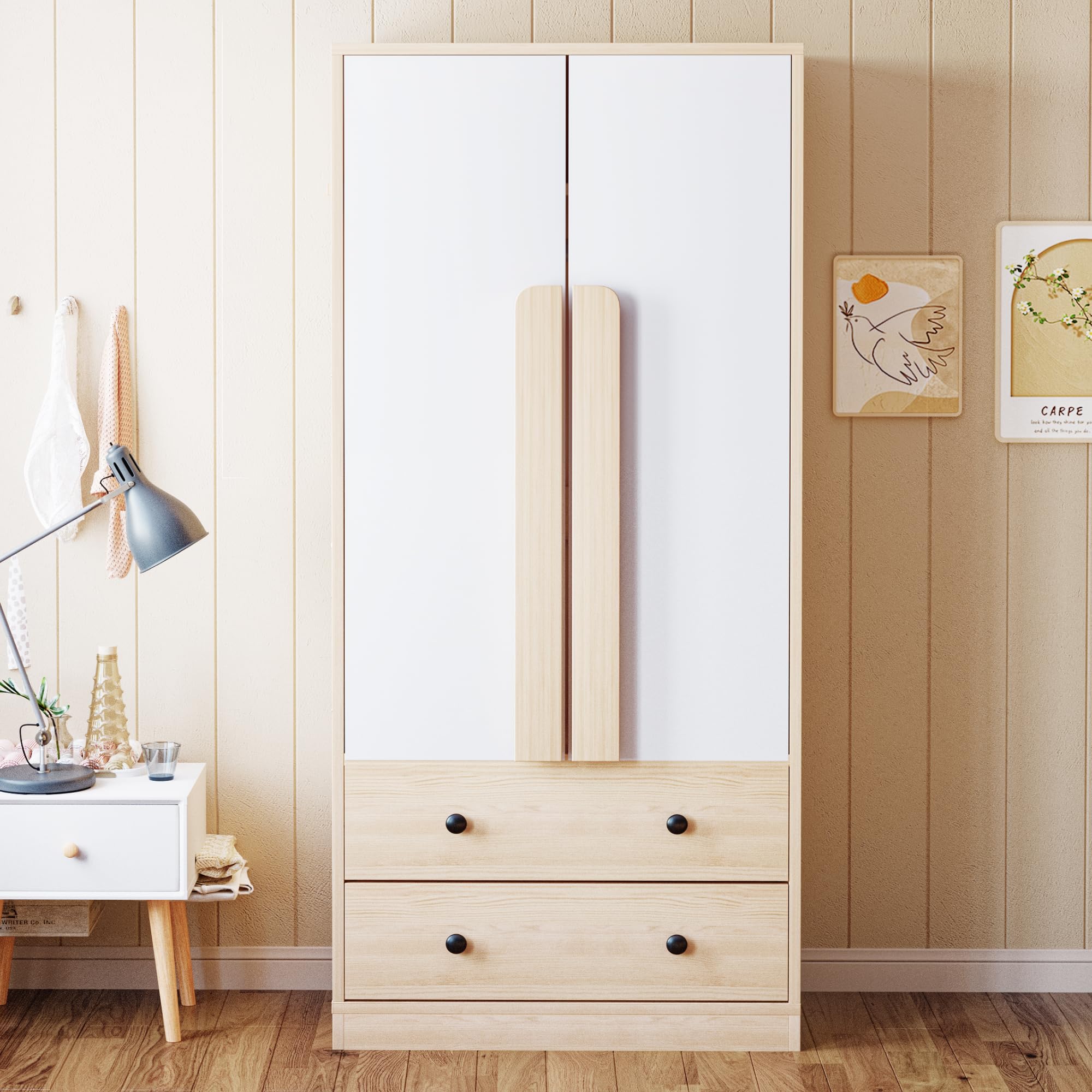 Armadio 70 x 40 x 170 cm, design a doppia ante, con cassetti e ripiani, colore legno + bianco