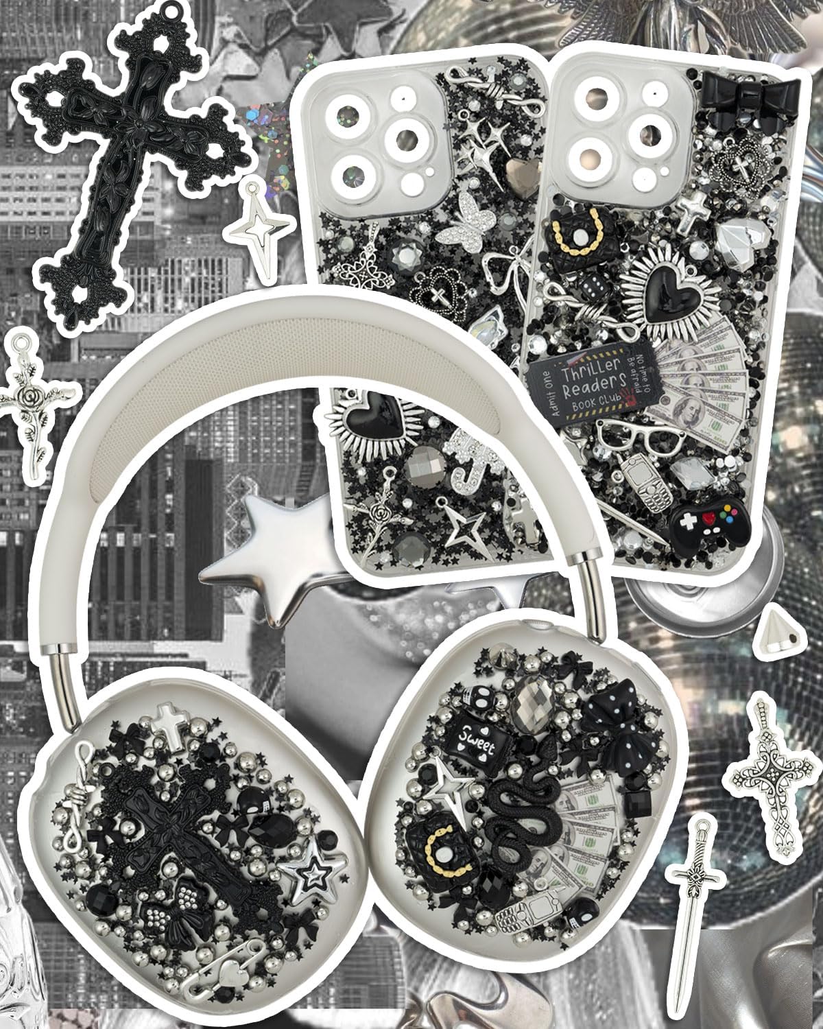 DoDoBeads 2250 Pcs Black Silver Junk Case Charms Kit, Cool Charms for Junk Cases, Big Cross, Bat, Snake, Spiked Heart, Chains, Dollar Charm, Black Letter Beads, Silver Studs, Glitter Confetti