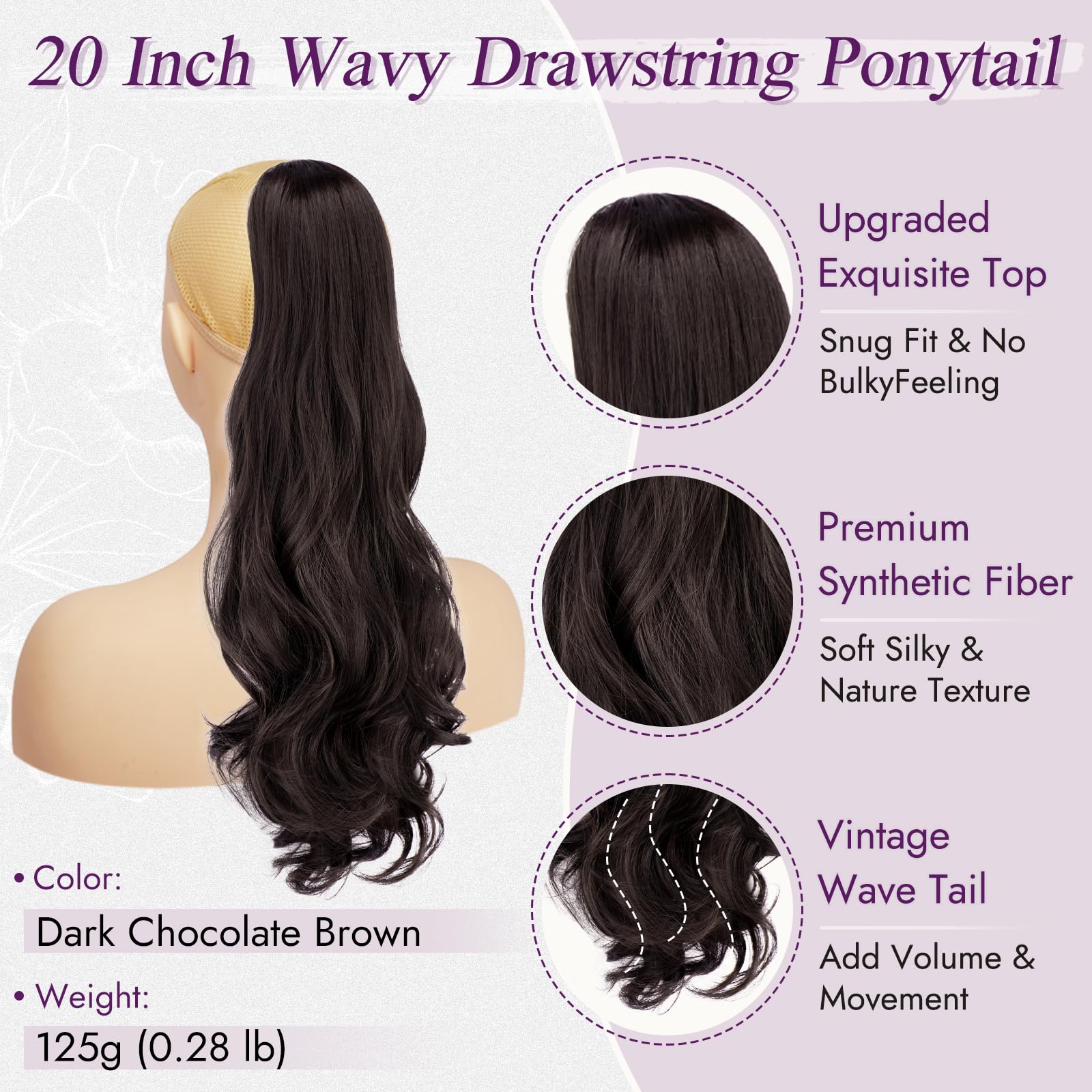 BARSDAR Dark Brown Wavy Drawstring Ponytail Extensions - Image 2