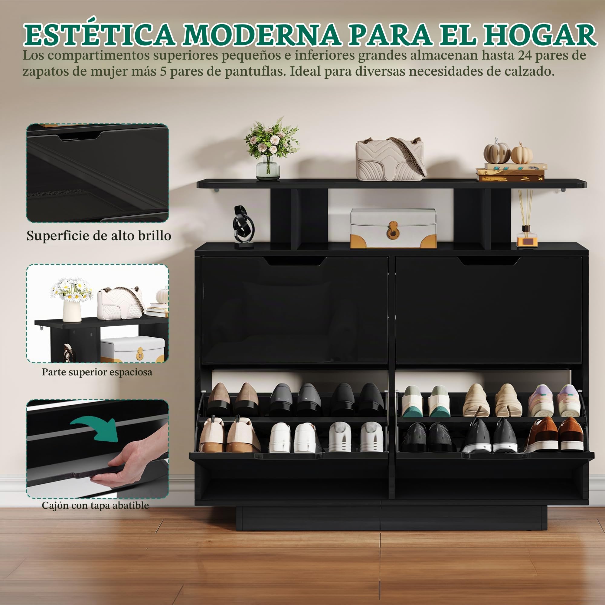 YITAHOME Zapatero Estrecho Brillante, Armario para Pasillo, con Estantes Ajustables, cómoda para Zapatos en el Pasillo (Negro, 120 x 24 x 106 cm)