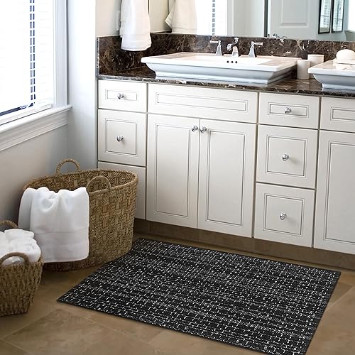 Miniatura 6 de Alfombra de baño estilo bohemio, 2 x 3 pies, alfombra de algodón tejida a mano para entrada, reversible, lavable, alfombra estilo granja, color Negro