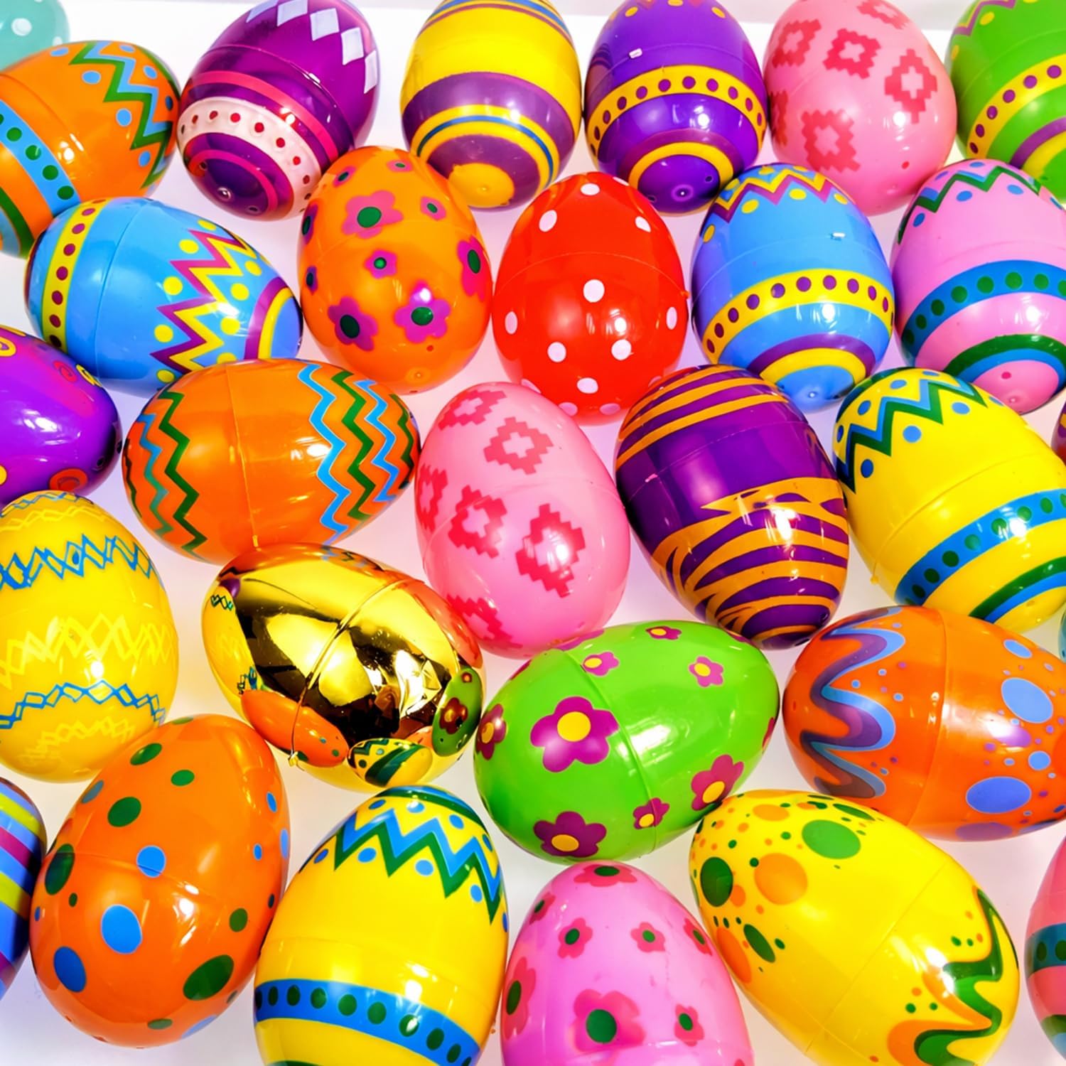 GiftExpress 36 Pcs Jumbo Printed Easter Eggs, Large Golden Hinged Eggs 3” , Church Eggs Hunt, Basket Fillers, Filling Treats for Party Favor, Classroom Office Prize