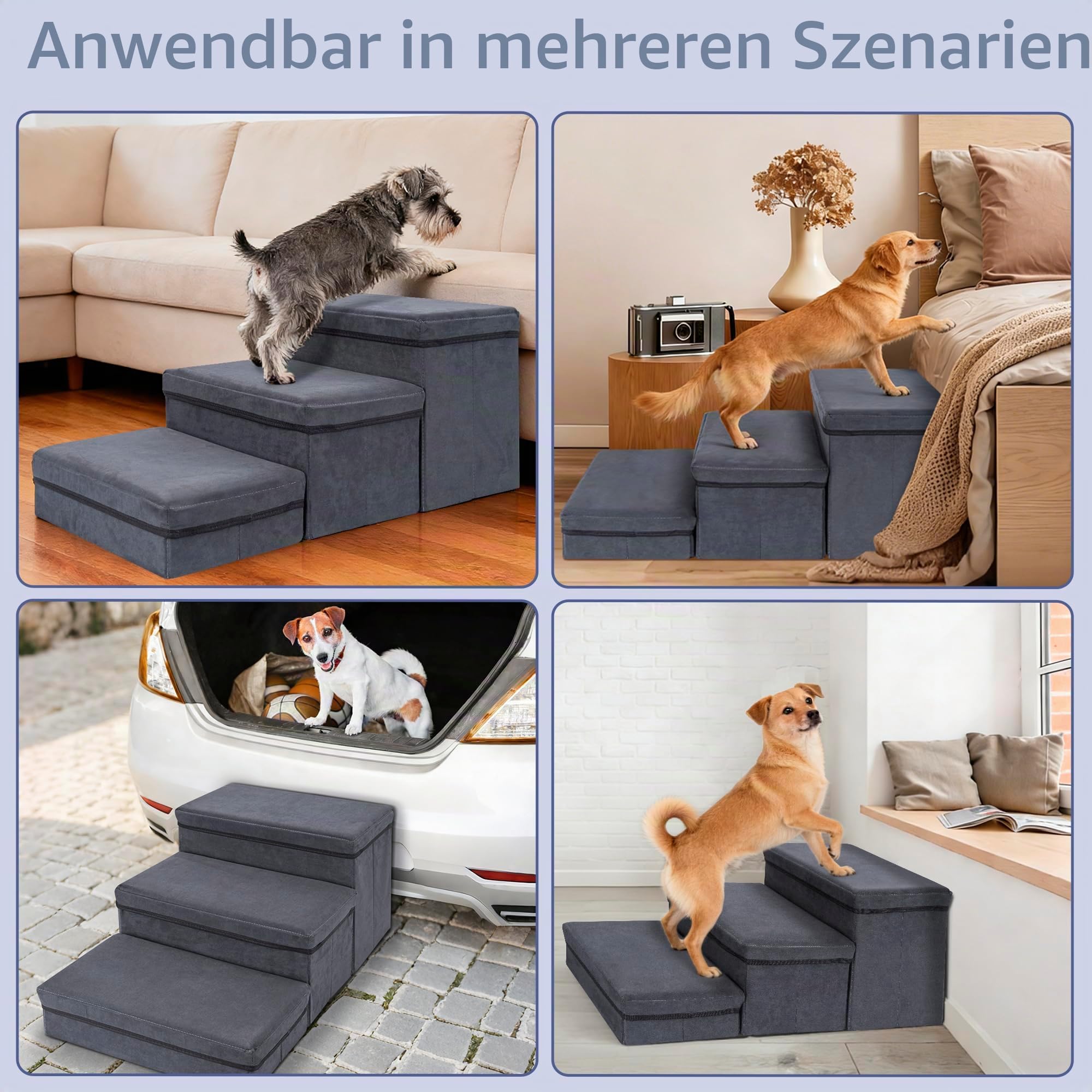 AKOZLIN Faltbare Haustiertreppe mit Stauraum 3 Stufen Extra Breite Haustierrampe Haustierleiter Haustiertreppe für Kleine bis Große Hunde Katzen, Dunkelgrau