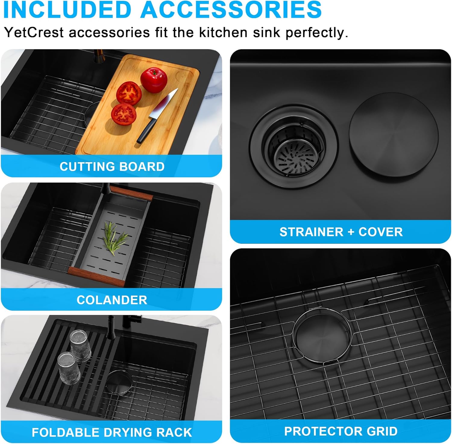 25 Inch Drop In Black Kitchen Sink,16 Gauge 304 Stainless Steel Kitchen Sink Single Bowl, 25" x 22" x 9" Ledge Workstation Sinks With All Accessories, Multi-Functional Workstation Sinks
