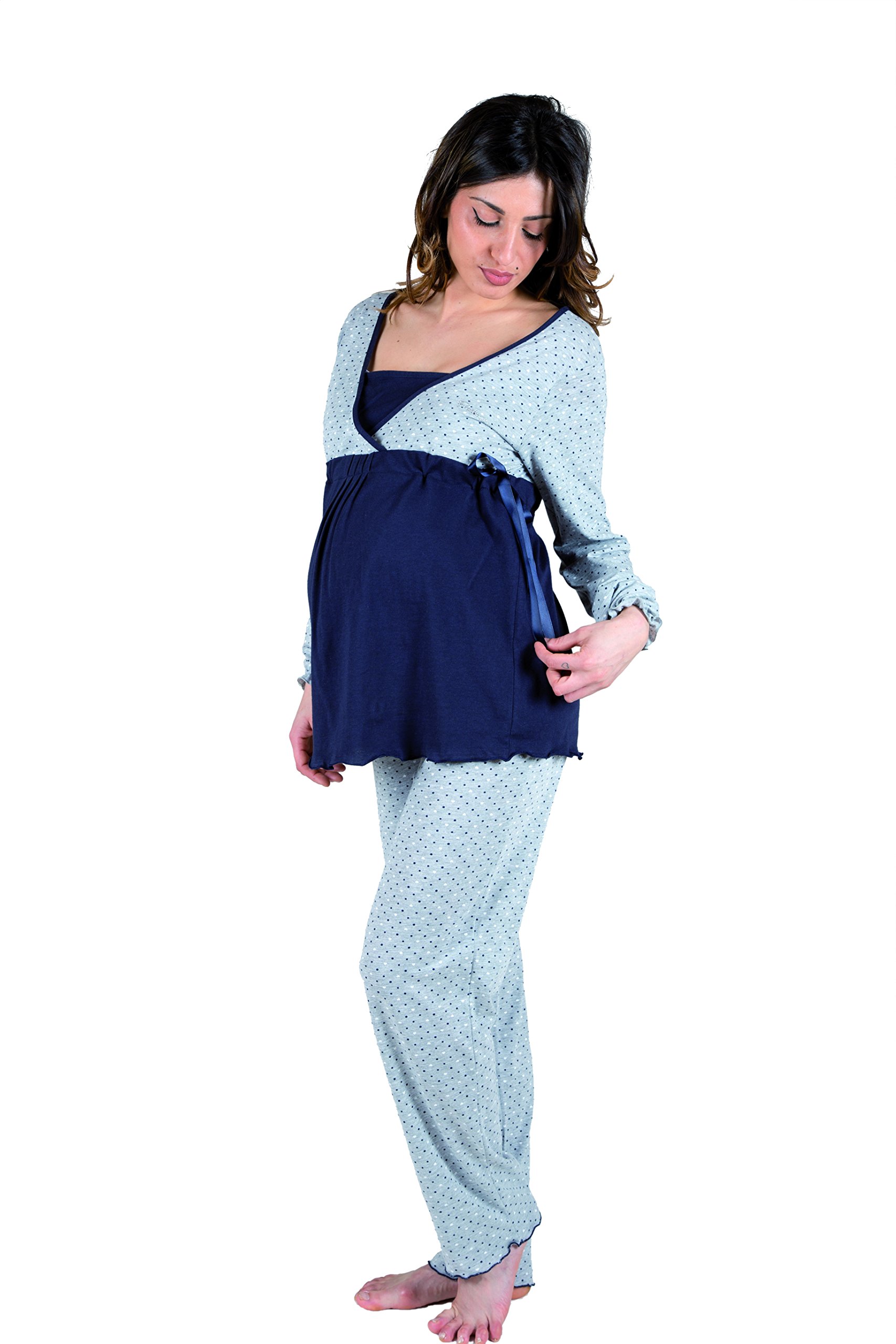 Premamy - Pigiama per Premaman, Modello con Fiocco, Cotone Jersey, Pre-Post Parto