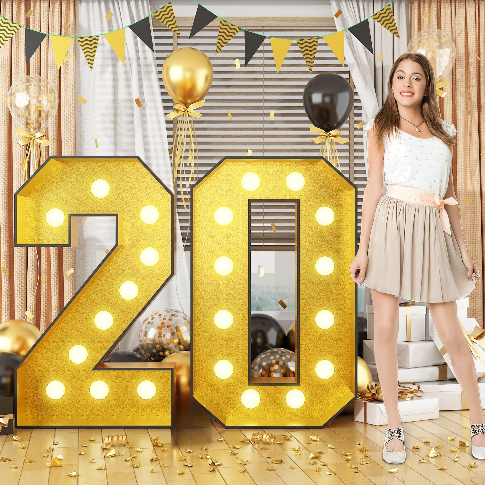 4FT Marquee 20 Numbers, Light Up Numbers 20 Mosaic Numbers Glitter Gold Black Light Up Letter Pre-Cut Foam Board Sign Marquee for 20th Birthday Party