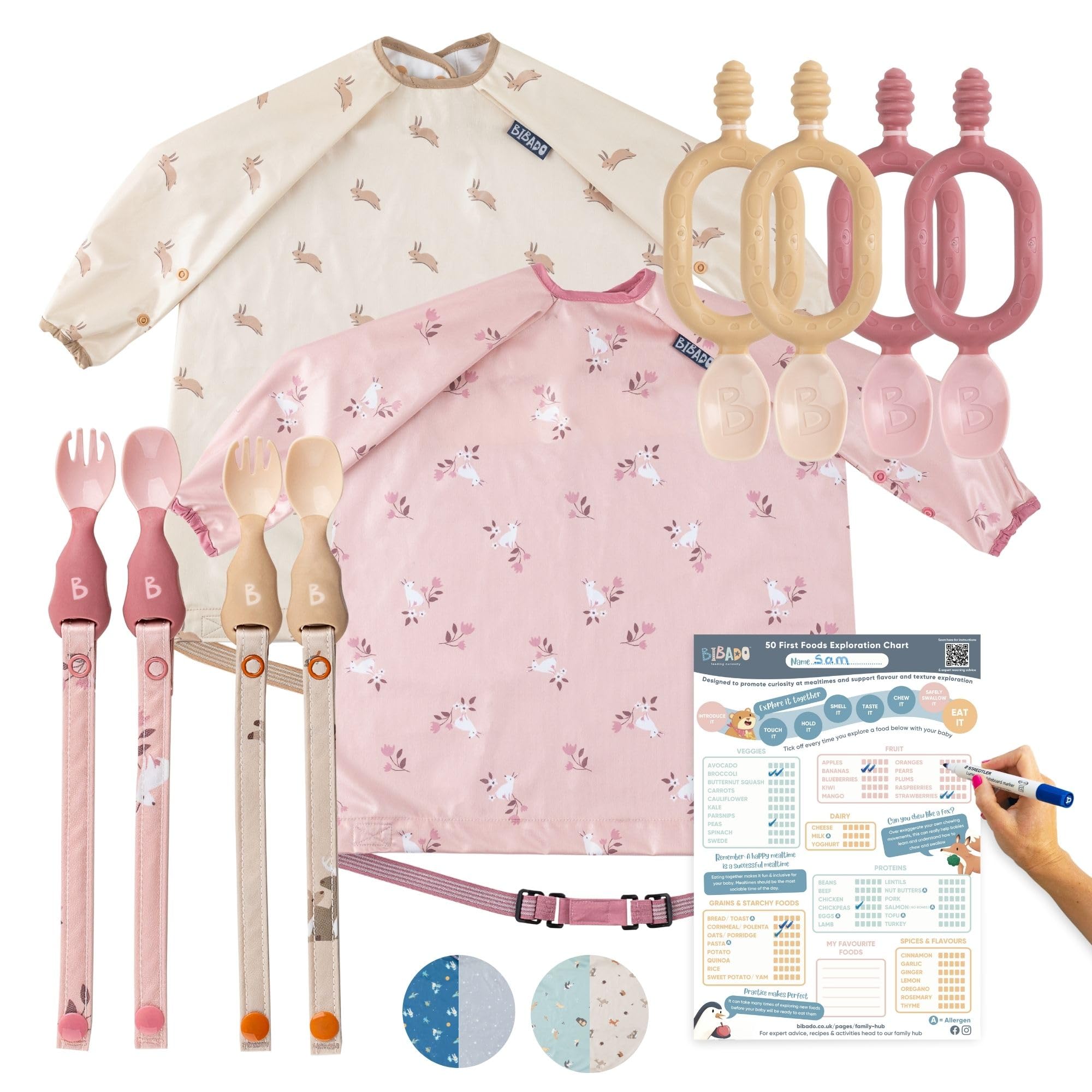 Baby Weaning Set – 2 Feeding Bibs, 4 Weaning Spoons, 2 Baby Cutlery Sets & Weaning Poster, BPA-Free, Perfect for Weaning and First Foods - Blush