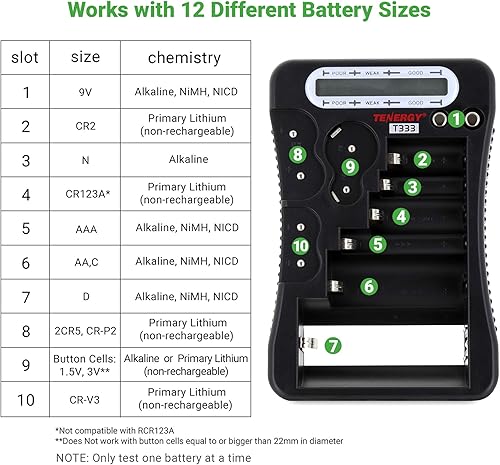 Miniatura 2 de Tenergy Probador de batería universal T-333, pantalla LCD, comprobador de celdas, comprobador de batería pequeña multiusos, para baterías AA, AAA,