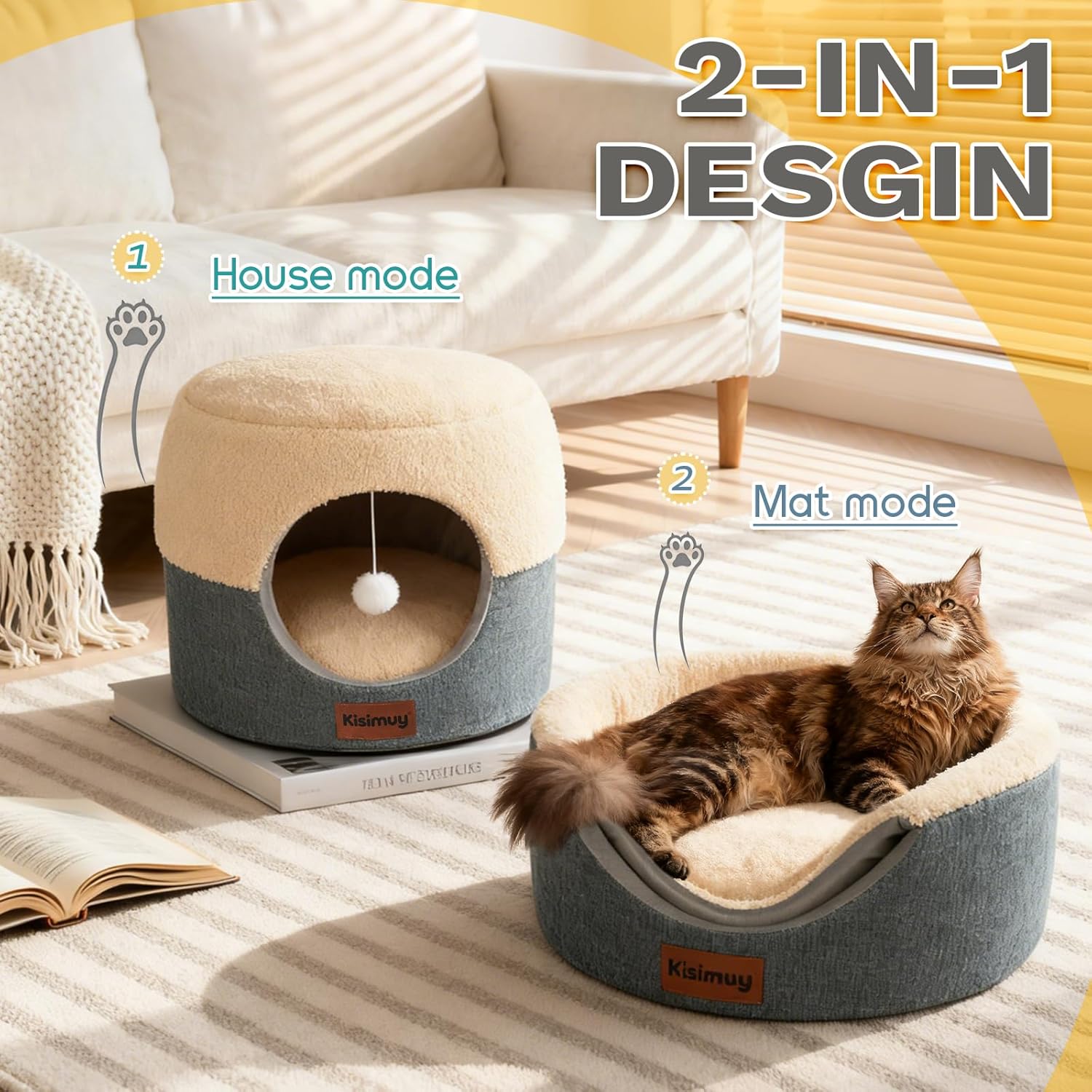 Cat Bed for Indoor Cats, 2-in-1 Convertible Cat Cave & Lounge Bed with Reversible Plush Cushion, Foldable Anti-Slip Cat House - Calming Cozy Hideaway for Kittens&Small Cats with Anxiety Relief, 15.7in