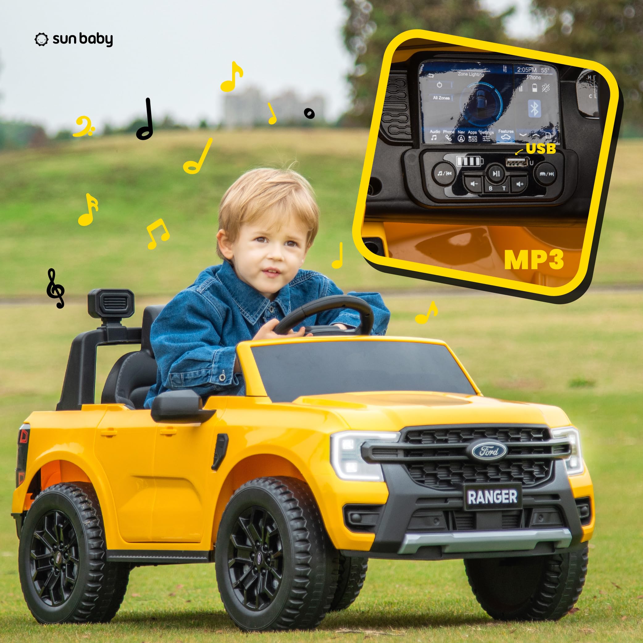 Coche eléctrico para niños Ford de 3 a 6 años, Potencia Motor 30W, Mando a Distancia, suspensión, Faros, Lector MP3 (Amarillo)