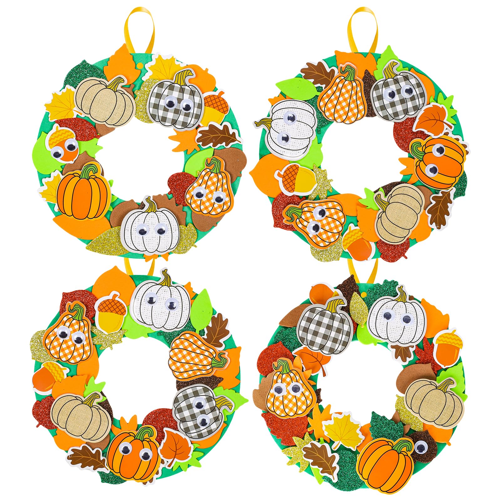 Whaline Fall Foam Wreath Crafts Kit Pumpkin Maple Leaf Pine Cone Stickers, Glitter Fall Leaves Stickers, Eyes Stickers, Orange Ribbon Autumn DIY Foam Wreath Signs for Thanksgiving Art Projects, 12Pcs