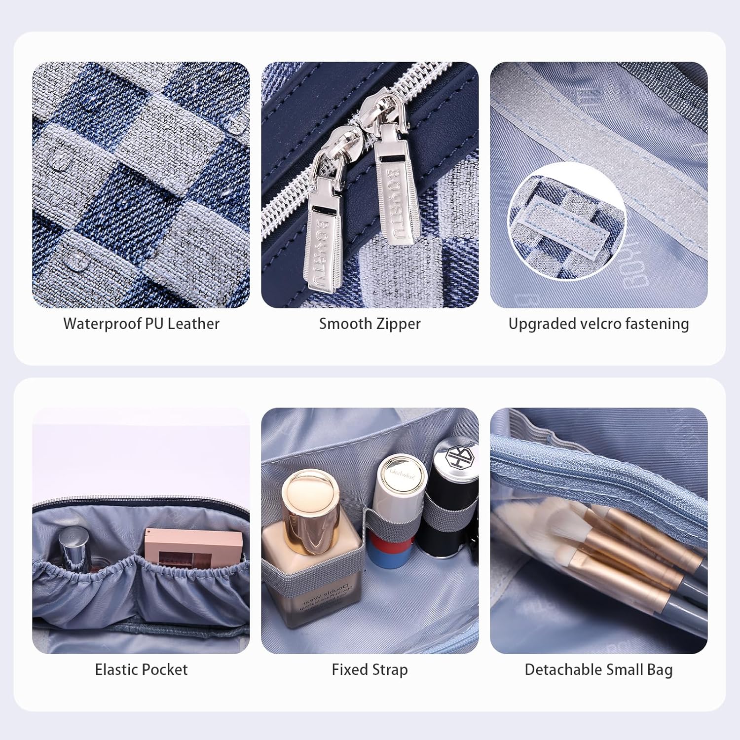 BOYATU Travel Makeup Bag for Women: Large Cosmetic Bag Set of 3 - PU Leather Make up Bag with Compartments - Compact Waterproof Toiletry Bag with Divider & Handle (D-5-Deep Blue) - Image 4