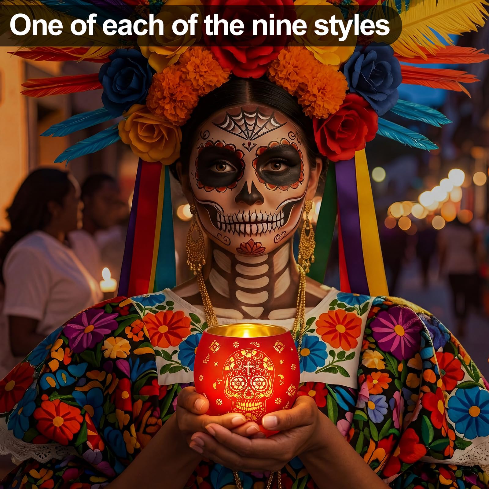 Meanplan Set di 9 portacandele votivi con LED Dia De Los Muertos messicano portacandele con teschio di zucchero e fiori incisi, centrotavola da tavolo per Halloween, carnevale, decorazione per feste