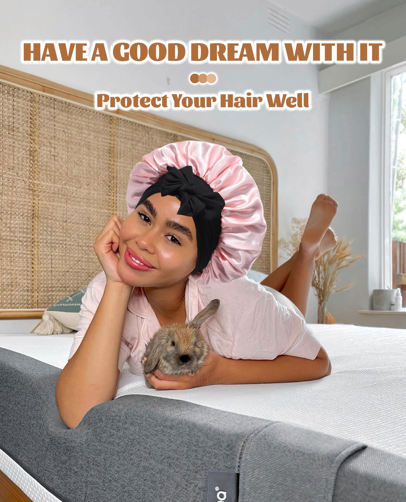 Satin Bonnet Silk Bonnet for Sleeping Silk Sleep Cap Double Layer Hair Bonnet with Elastic Tie Band for Curly Hair Night Cap (Black stars and moon+Black)