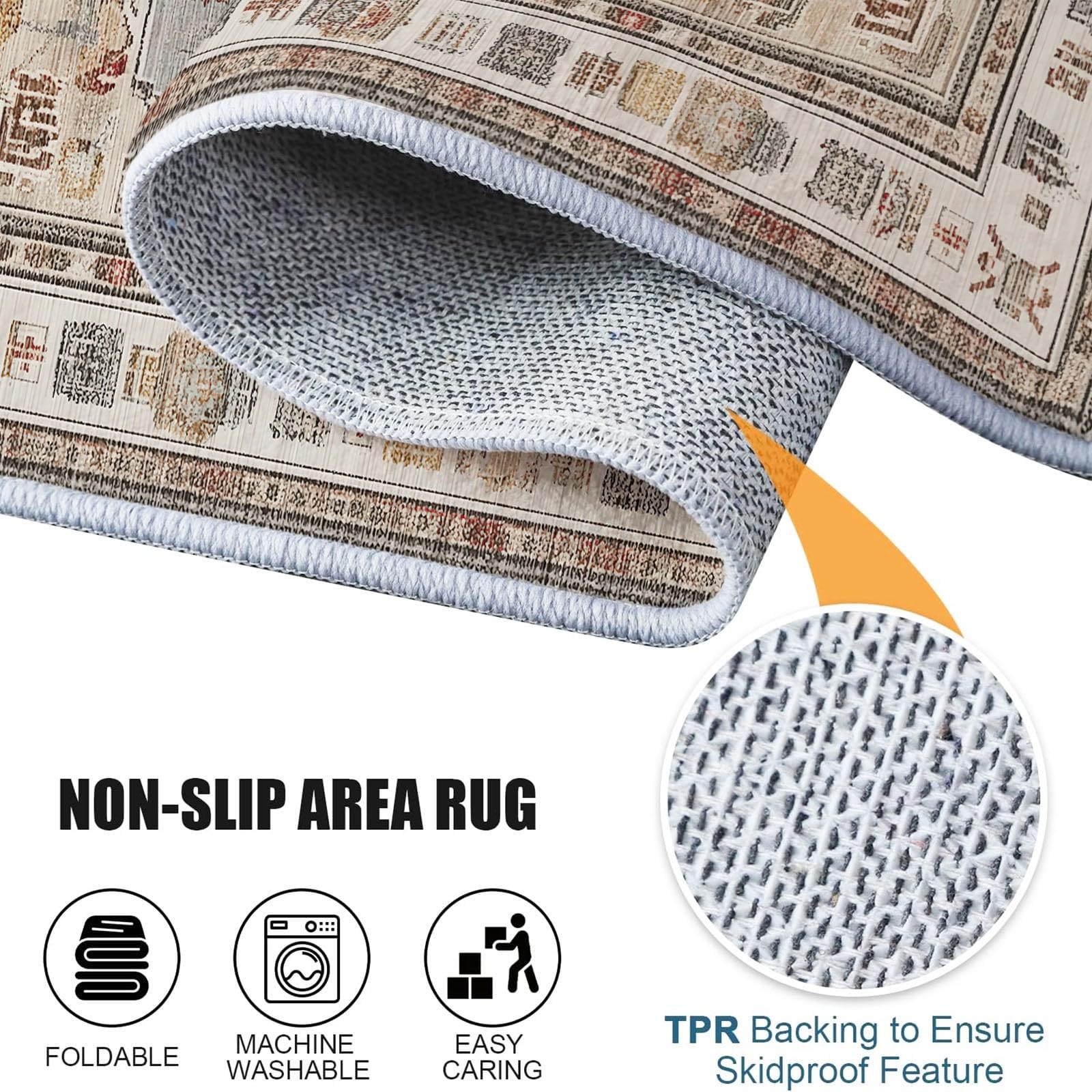 Niedriger Stapel Teppich Antirutschunterlage 120 x 180 cm, Klassisch Vintage Symmetrie Geometrisch Druck Teppich Wohnzimmer, Mehrfarbig Teppiche Waschbar für Küche, Flur, Schlafzimmer, Spielzimmer