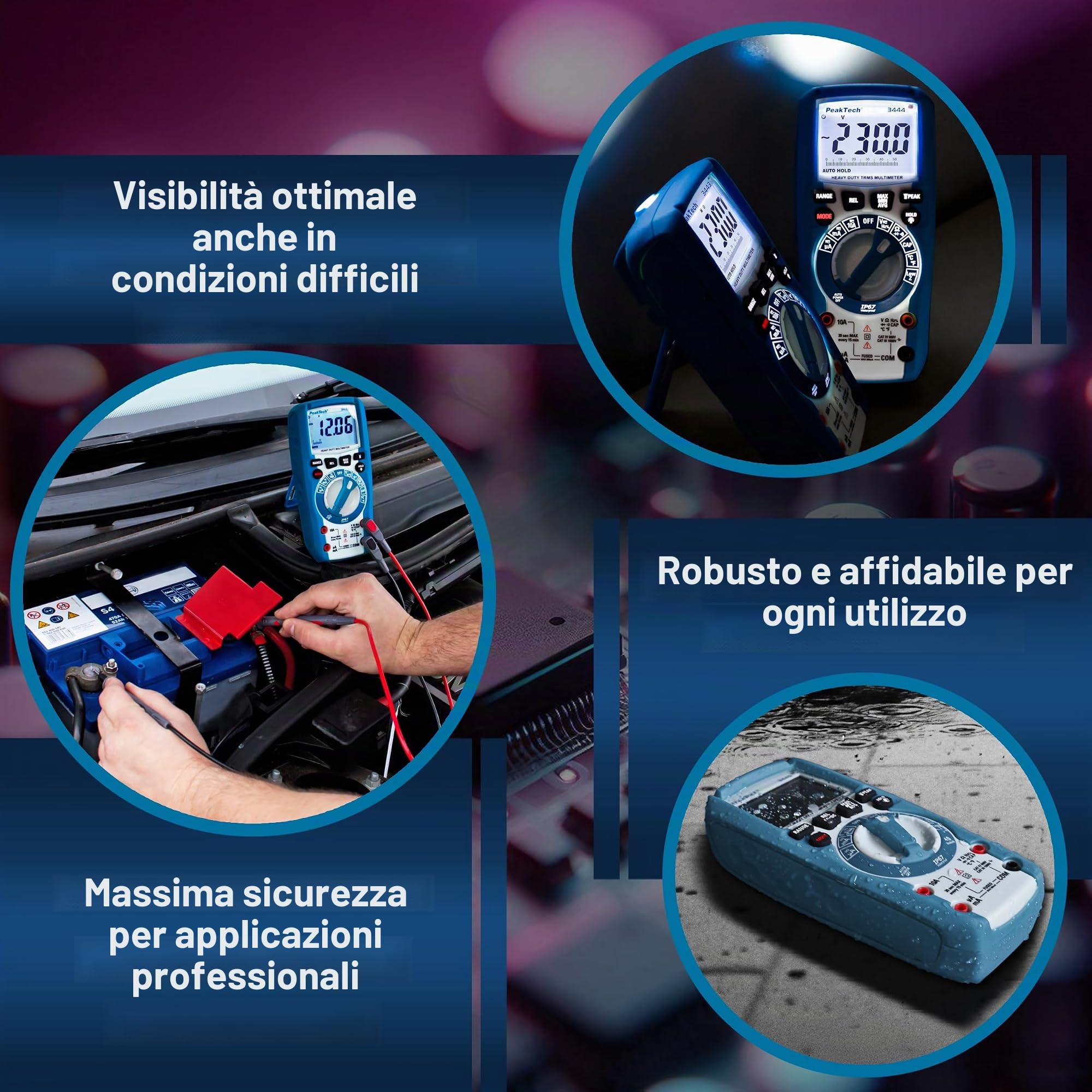 PeakTech 3443 – Multimetro digitale con illuminazione a LED, Impermeabile (IP67), 6000 conteggi, Custodia estremamente robusta, Multimetro tascabile, Voltmetro, Tester di continuità - CAT III 1000V