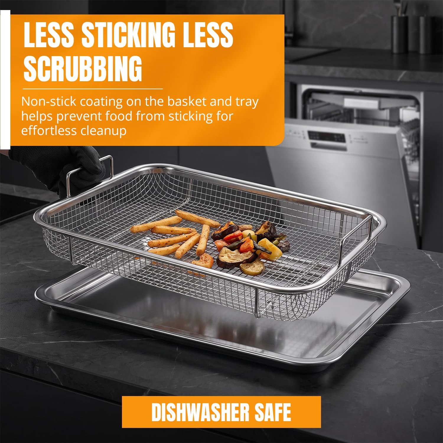 Karomouj 2-Piece Stainless Steel Air Fryer Crisping Basket & Baking Tray Set | Non-Stick Mesh Baking Rack for Oven | Ideal for Crispy Fries, Chicken, Fish, Vegetables & Dehydrating | Silver — Amazon image 3