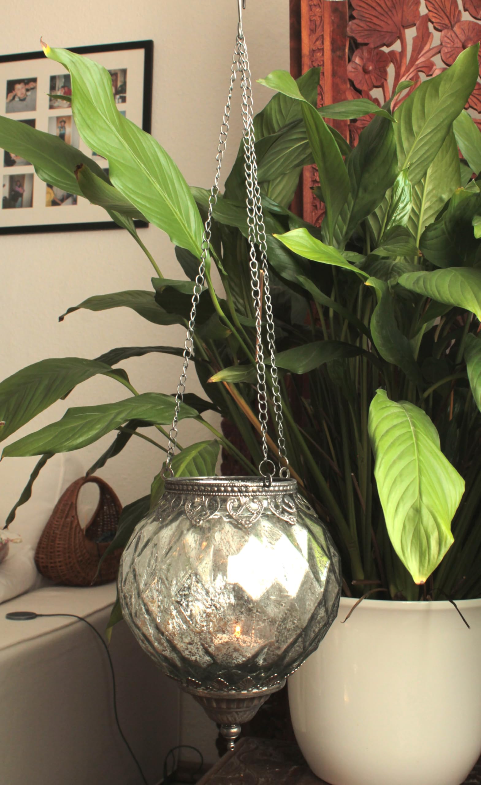 Photophore Suspendu En Herbe Naturelle Tressée - Avec Insert En Verre, Hauteur 29 Cm