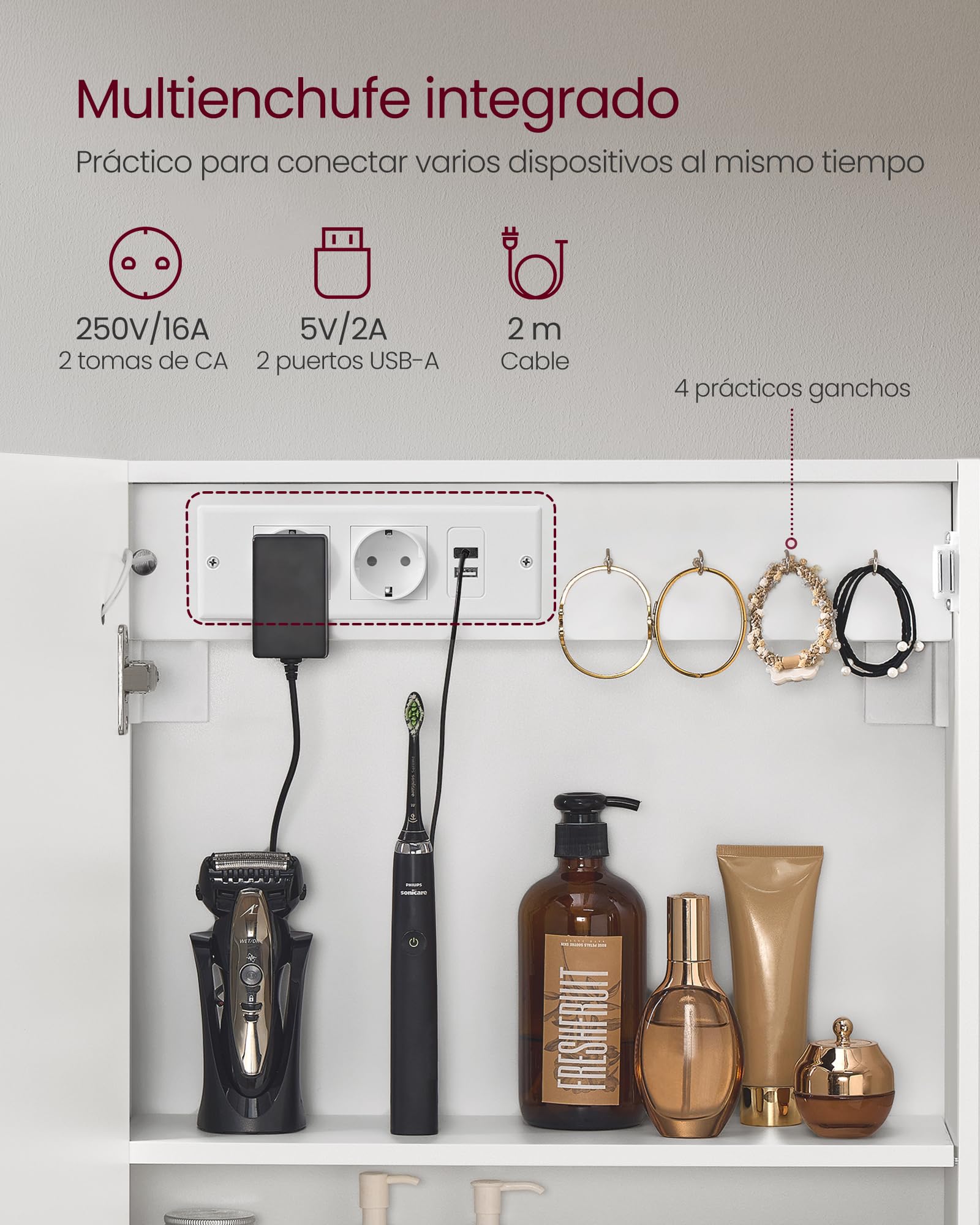 VASAGLE Kailyn Colección - Armario de Pared para Baño con Espejo, con LED, Multienchufe, Función Antivaho, Espejo de Aumento 10x, Estilo Moderno, 16,5 x 50 x 60 cm, Blanco BBK133W01