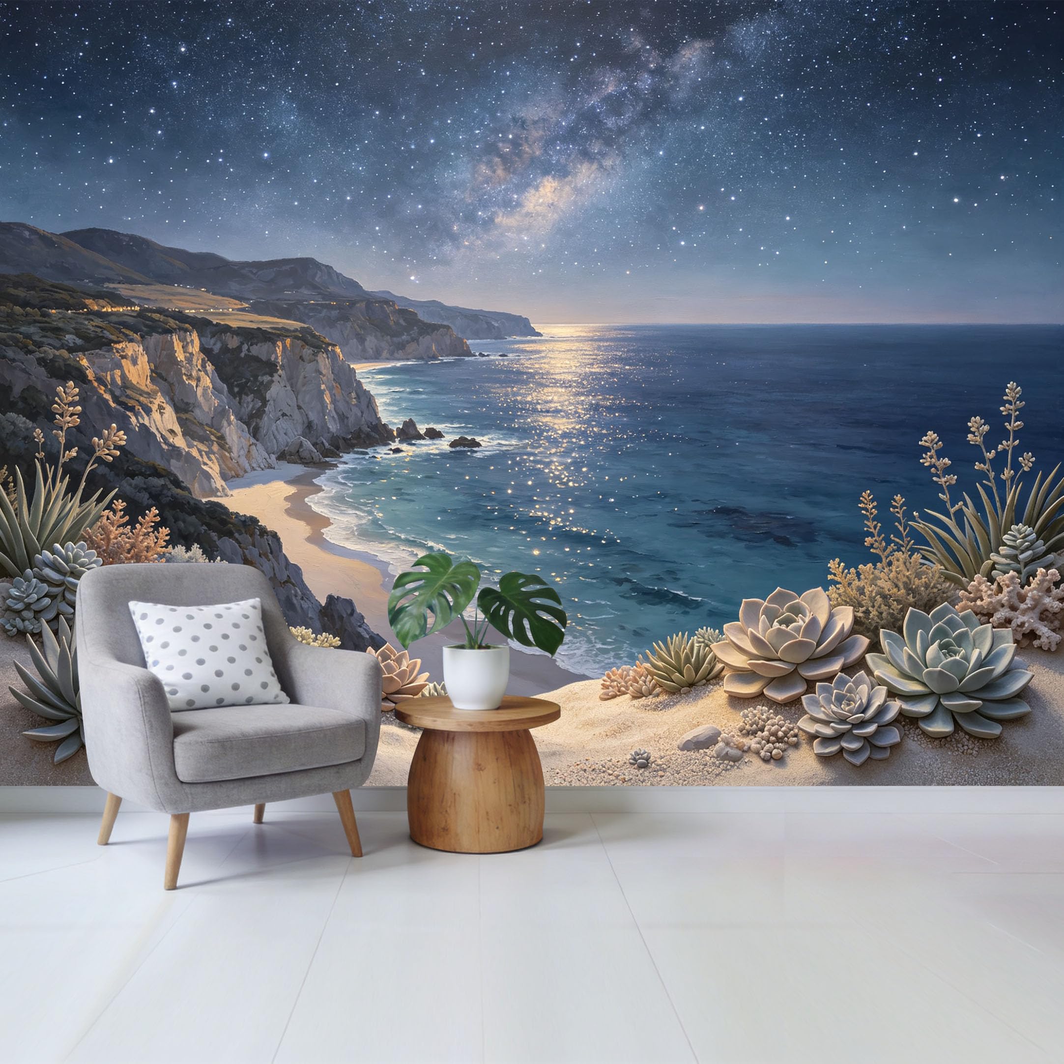 Qzlithotic Yq2605250952 Custom Size Wall Mural Coastal Milky Way Night Sky Ocean Seascape Succulent Botanical Selfadhesive Wall Fabric Removable Wallpaper For Home Office Decor
