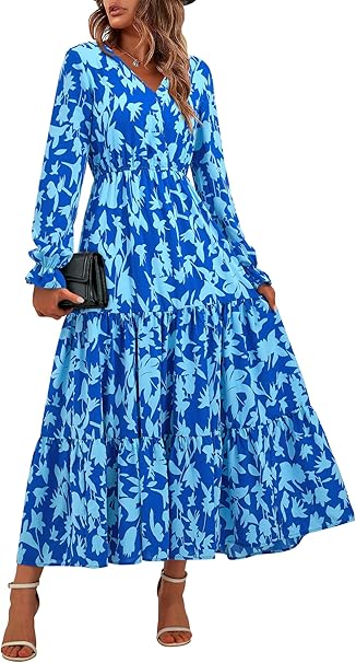 BTFBM Women Fall Dresses 2025 Casual Long Sleeve V Neck Maxi Dresses Floral Boho Long Dress Wedding Guest Dress