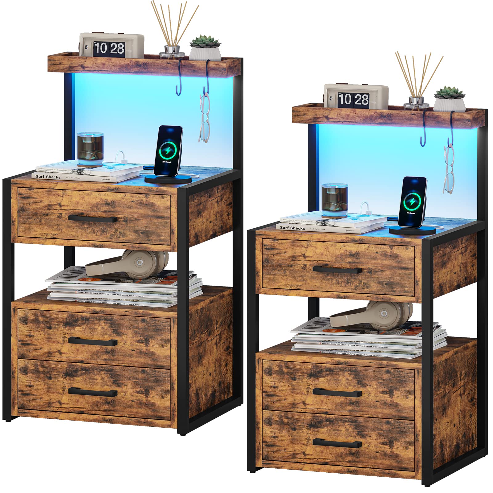 AOGLLATI Nightstand Set of 2 with Charging Station and LED Lights, Bedside Table with 3 Drawers and Open Storage Shelves, 2 USB Ports and 2 AC Outlets, LED Night Stand for Bedroom, Rustic Brown