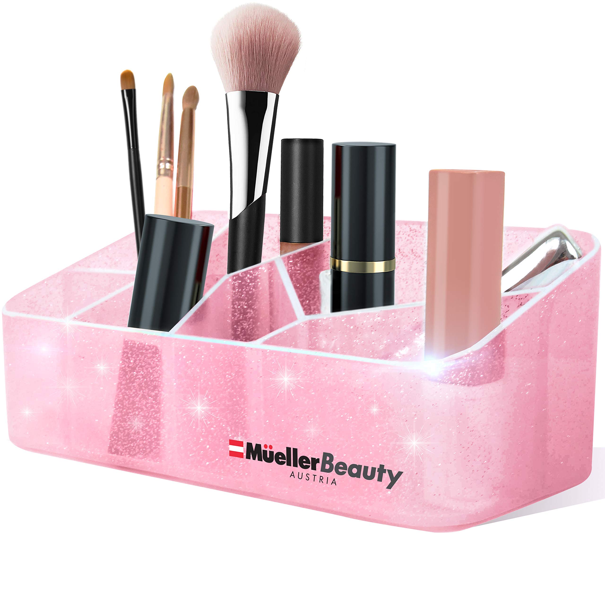Mueller Beauty Makeup Organizer Countertop, Cosmetic and Jewellery Storage Organizer, Stylish Divided Beauty Display Case, for Vanity, Bathroom or Dresser, Pink