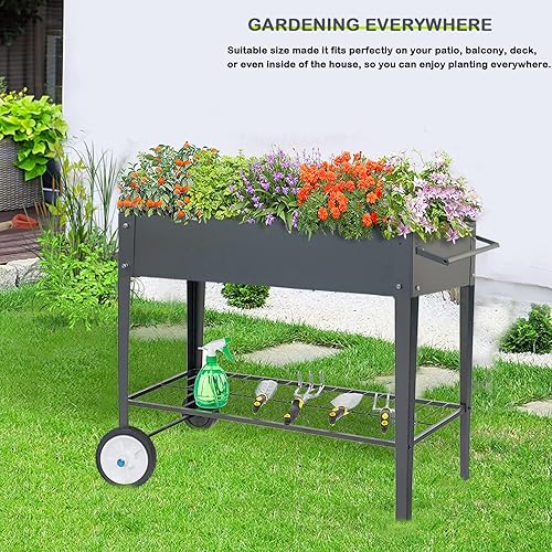 Miniatura 5 de Cama de jardín elevada de metal móvil con ruedas, maceta grande sobre ruedas, con espacio de almacenamiento adicional, carrito portátil para macetas