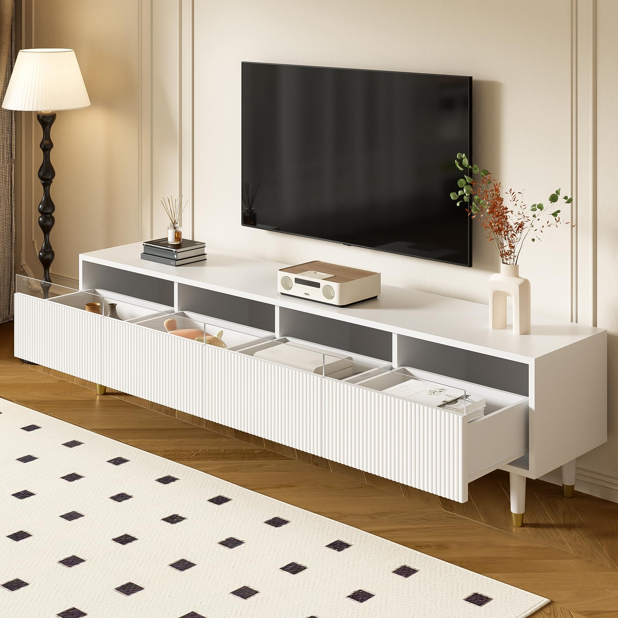 Merax TV-Schrank Lowboard TV-Möbel mit 4 Schubladen,178 x 35 x 45 cm MDF & Acryl, Kabelmanagement, stabil & stilvoll, minimalistisches Wohnzimmermöbel - weiß