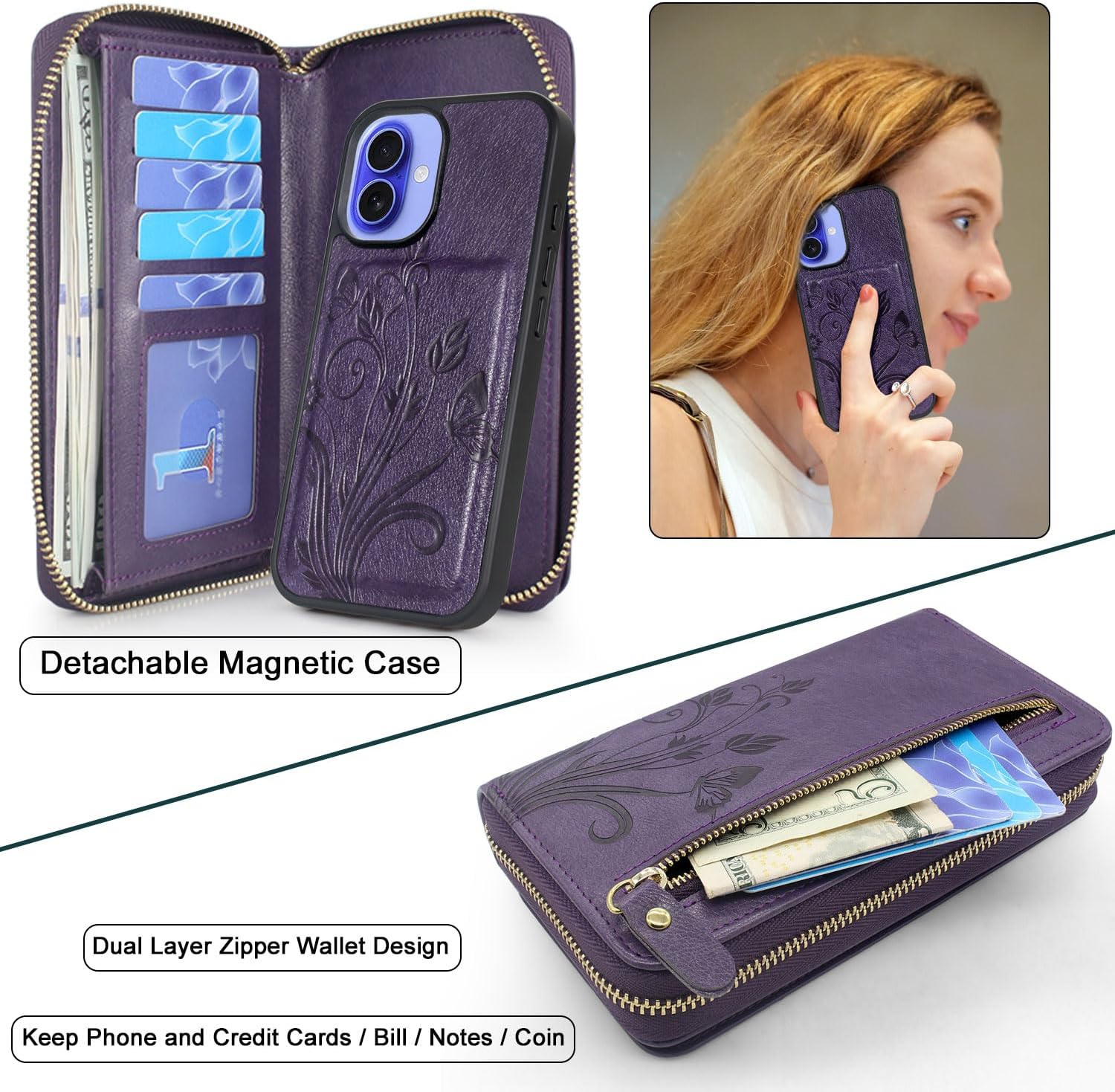 Lacass for iPhone 16 6.1 Inch 2024 Wallet Case, Crossbody Dual Zipper Detachable Magnetic Leather Wallet Case Cover Wristlets Wrist Strap 13 Card Slots Money Pocket(Floral Dark Purple) - Image 3