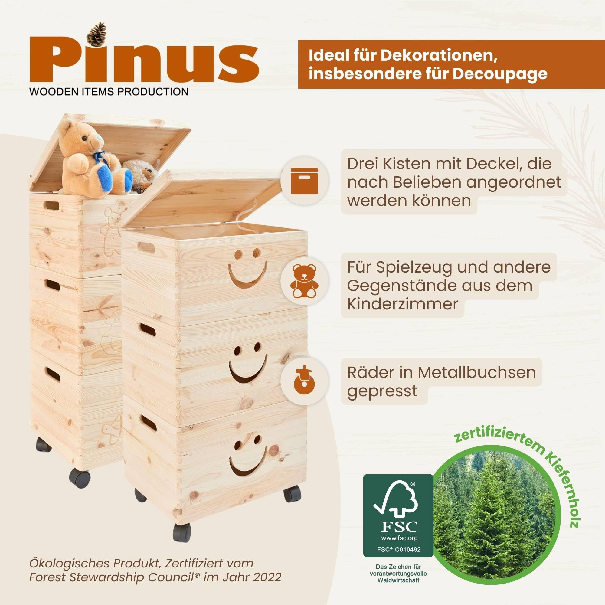 Pinus Spielzeugkiste 3er Set Lächeln mit Deckel 39x30x74cm stapelbar Rollen